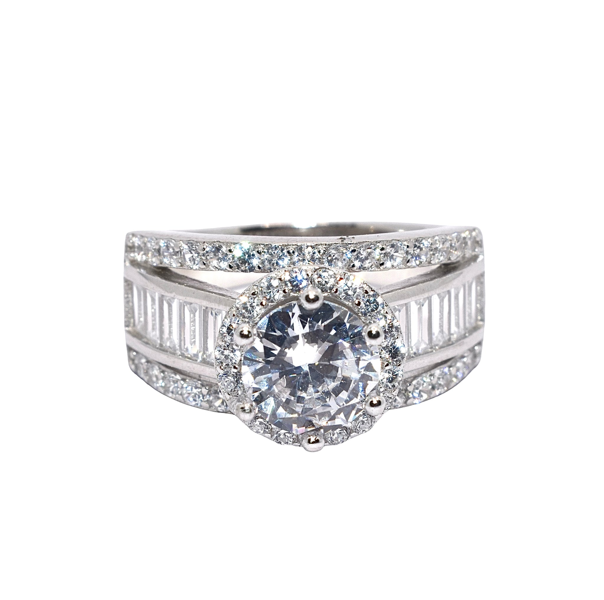 Halo Solitaire Baguette Cocktail Ring