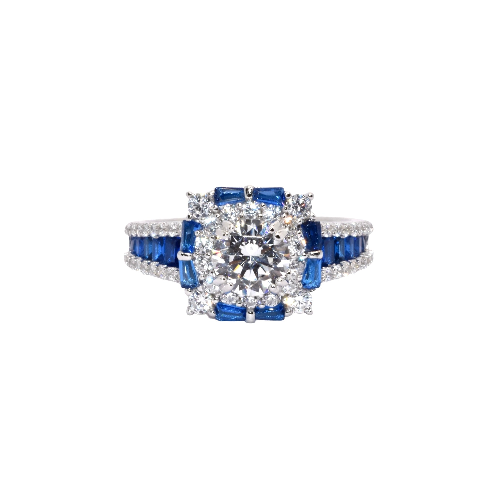 Sapphire Coloured Halo Solitaire Ring