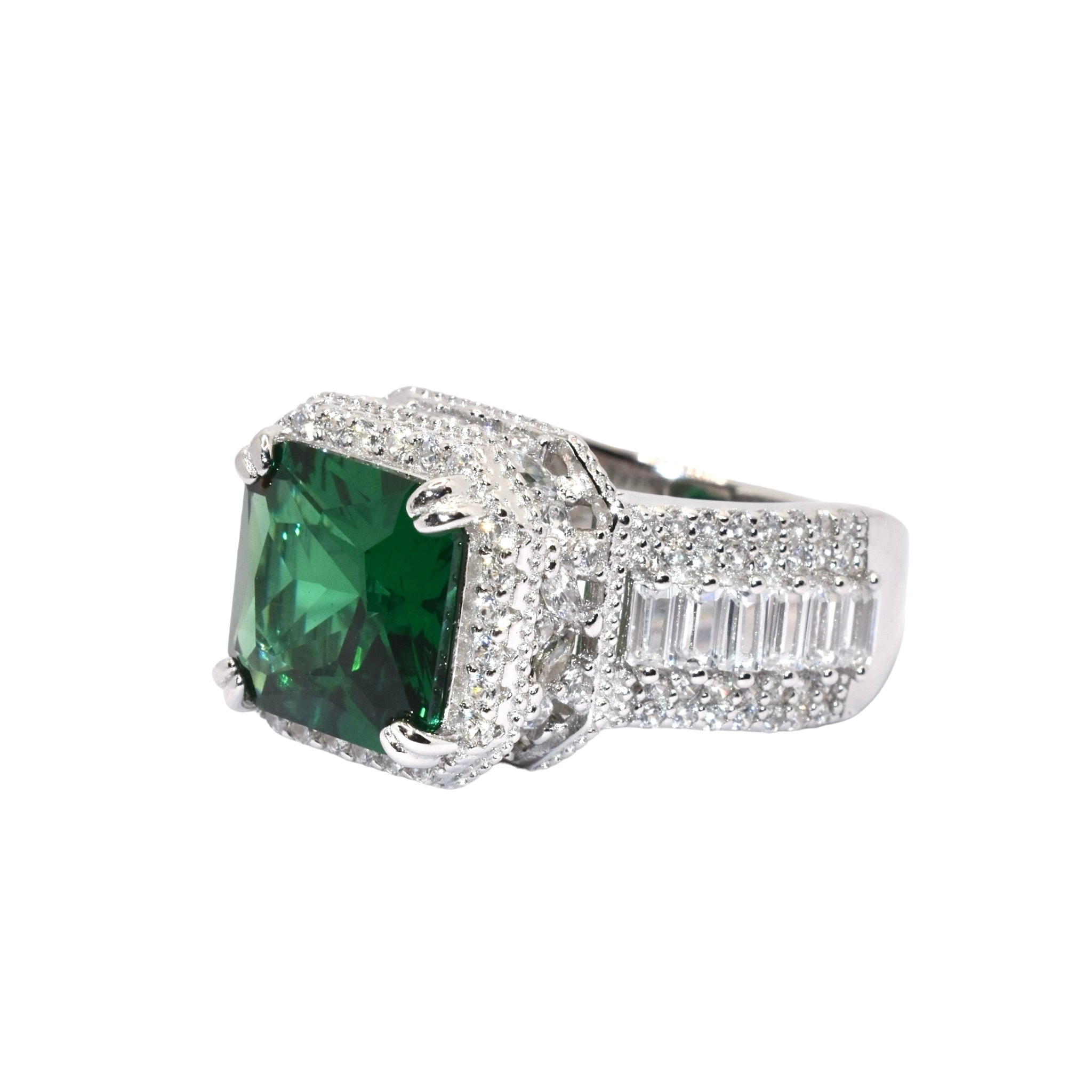 Emerald Coloured Cushion Baguette Ring