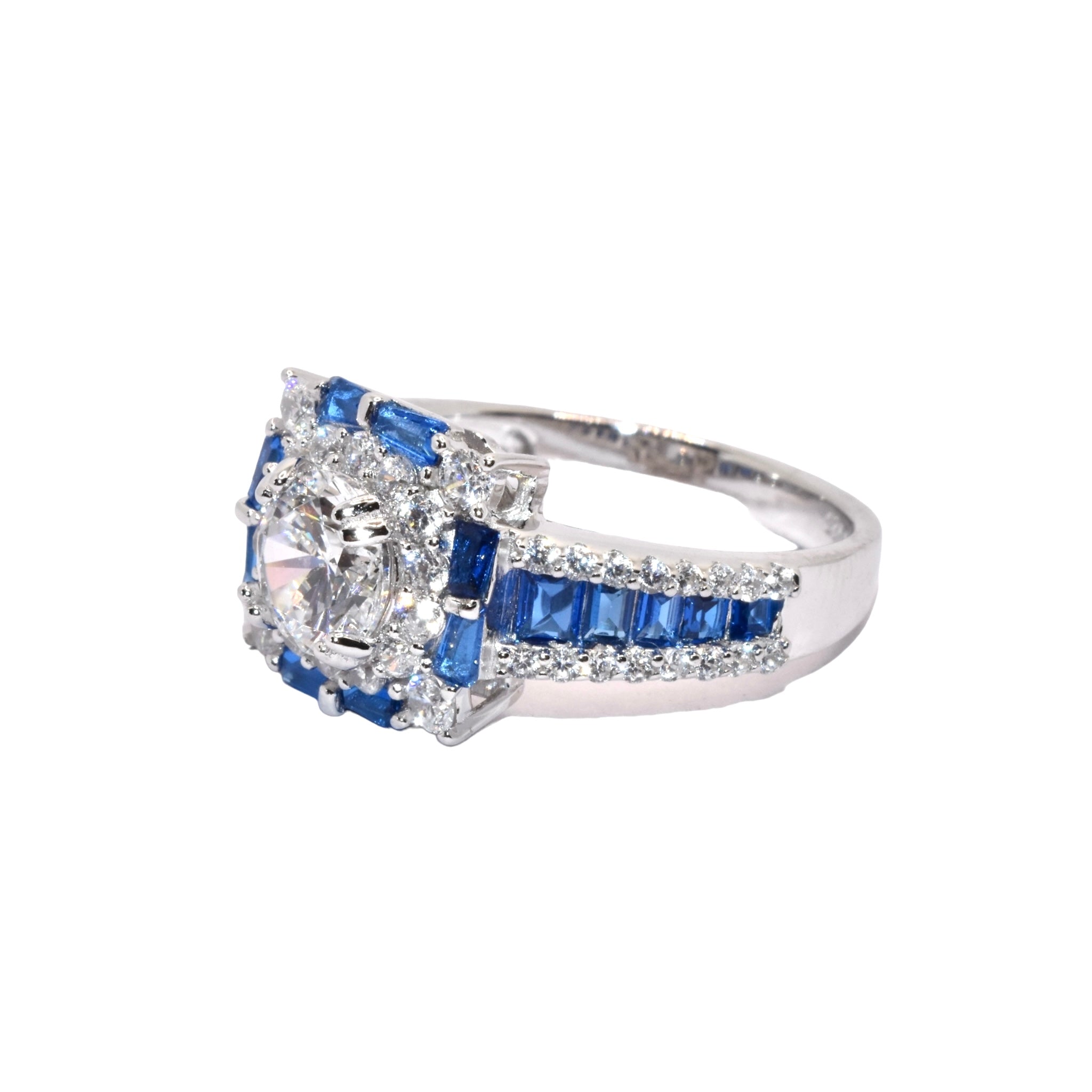 Sapphire Coloured Halo Solitaire Ring