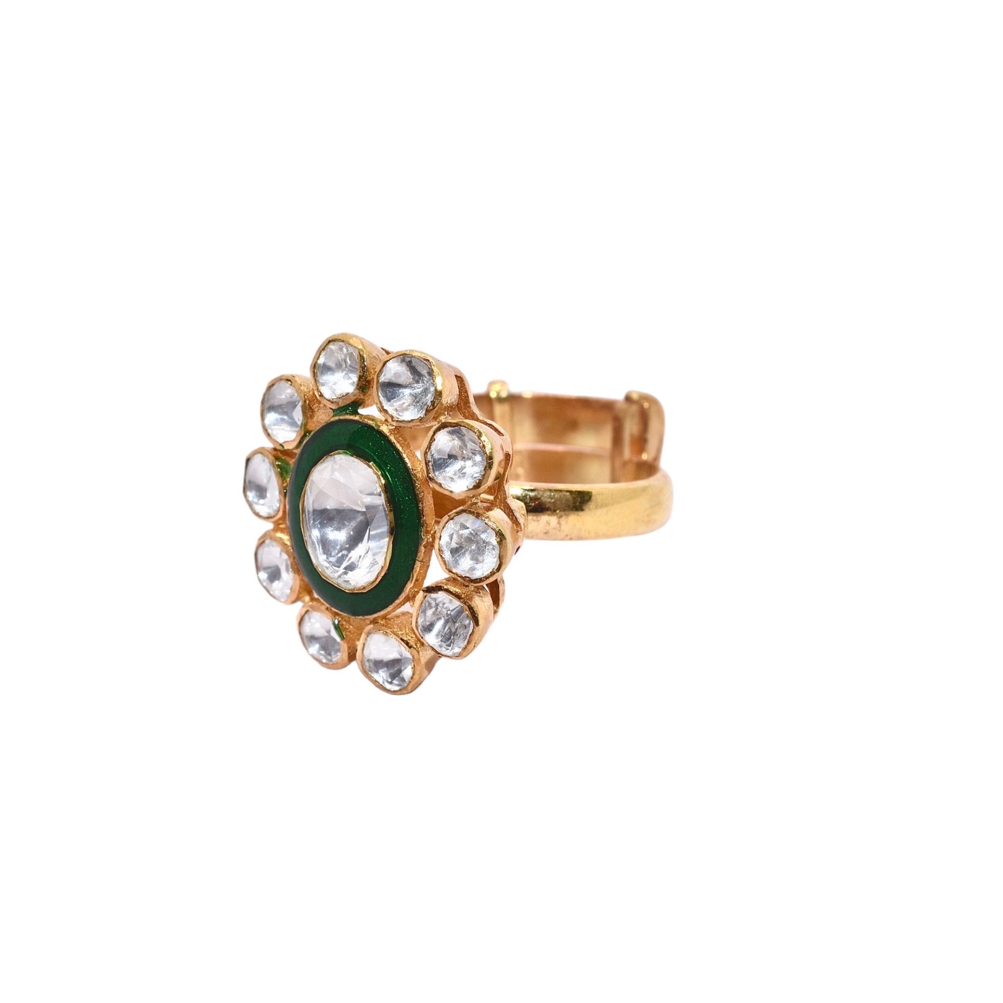 Emerald flower Adjustable  Moissanite Gold Plated Ring