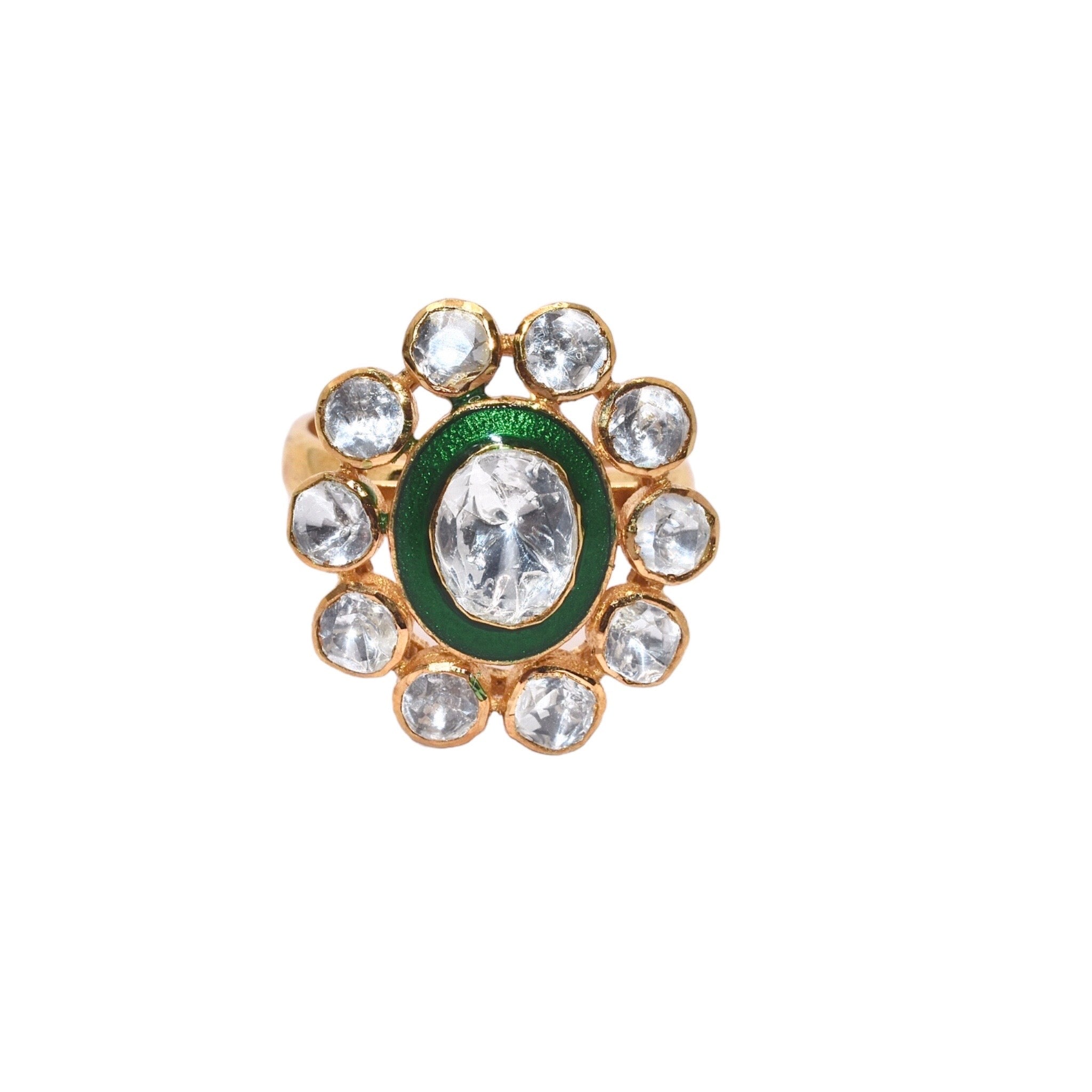 Emerald flower Adjustable  Moissanite Gold Plated Ring