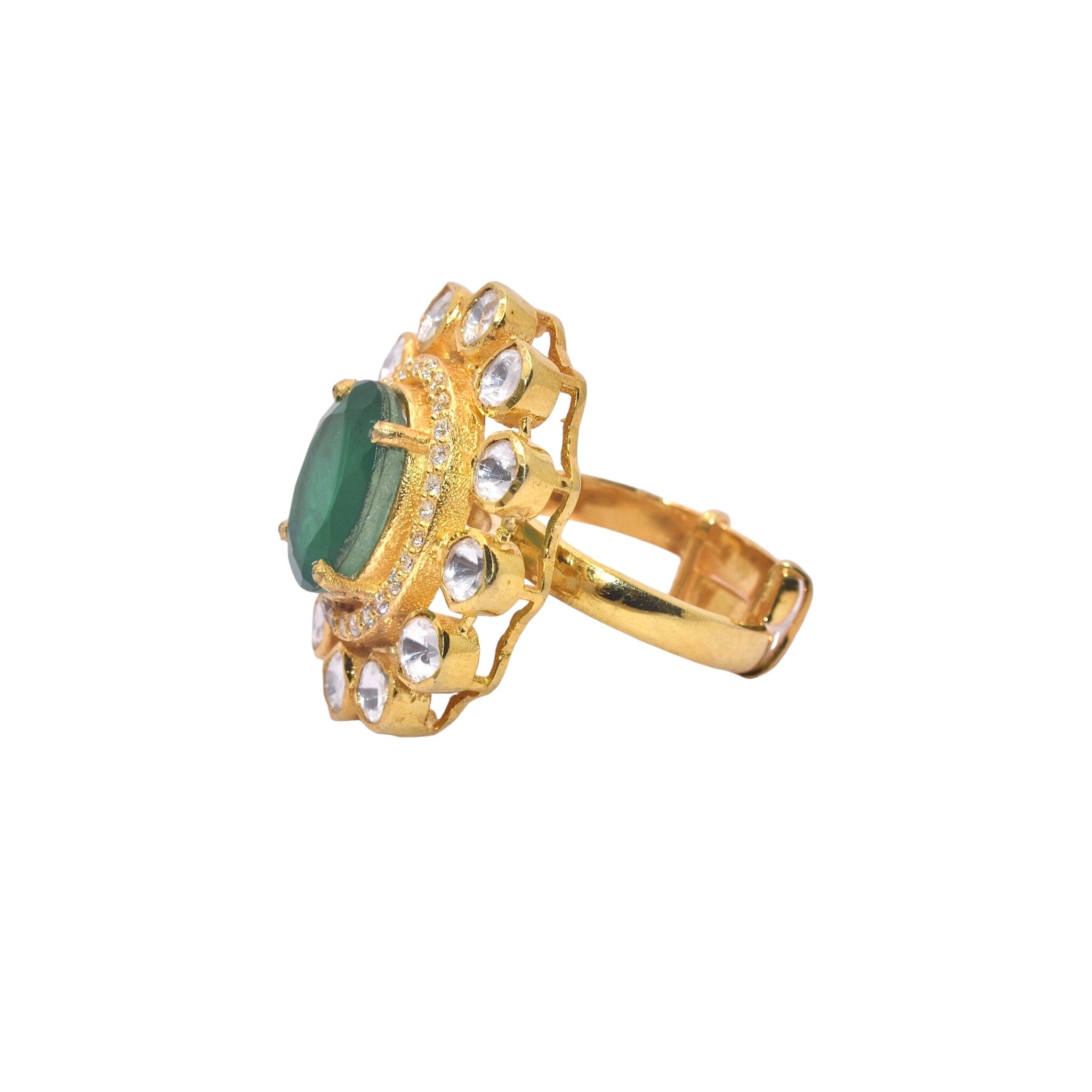 Oval Emerald coloured Adjustable  Moissanite Gold Plated Ring