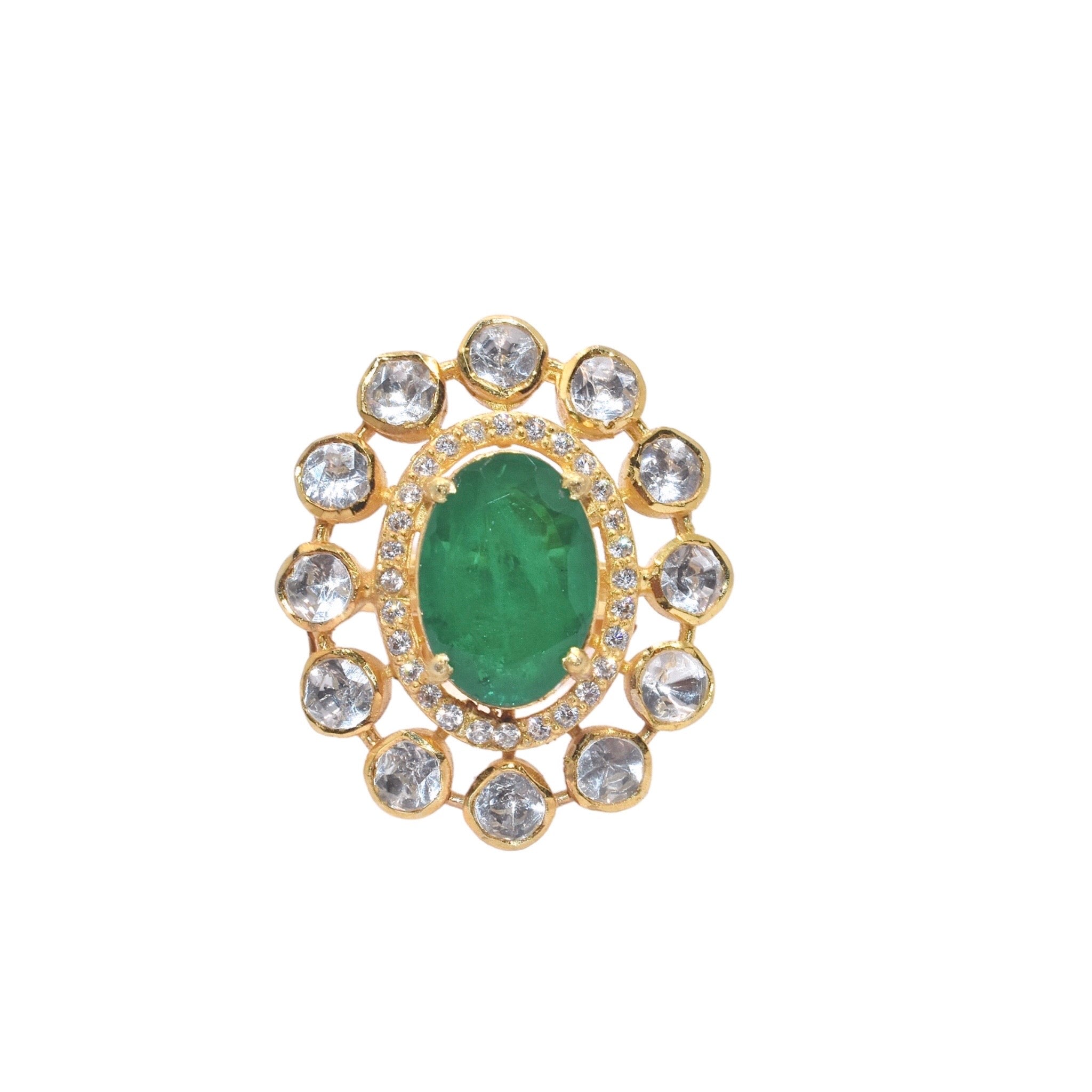 Oval Emerald coloured Adjustable  Moissanite Gold Plated Ring