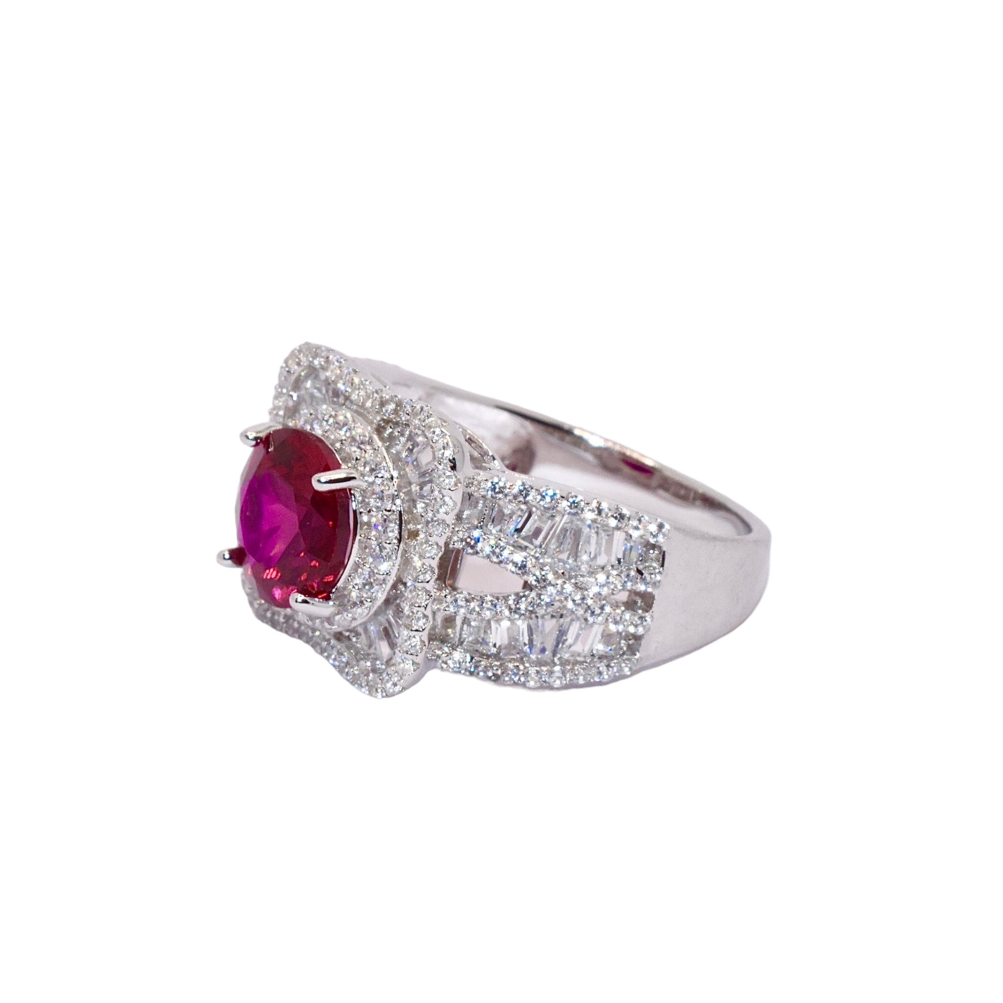 Ruby Coloured  Halo Cushion Baguette Solitaire Ring