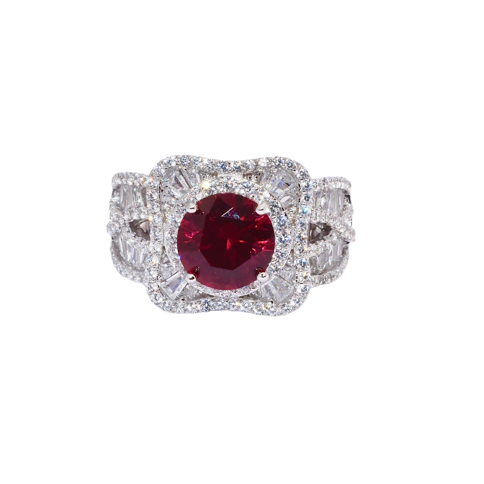 Ruby Coloured  Halo Cushion Baguette Solitaire Ring