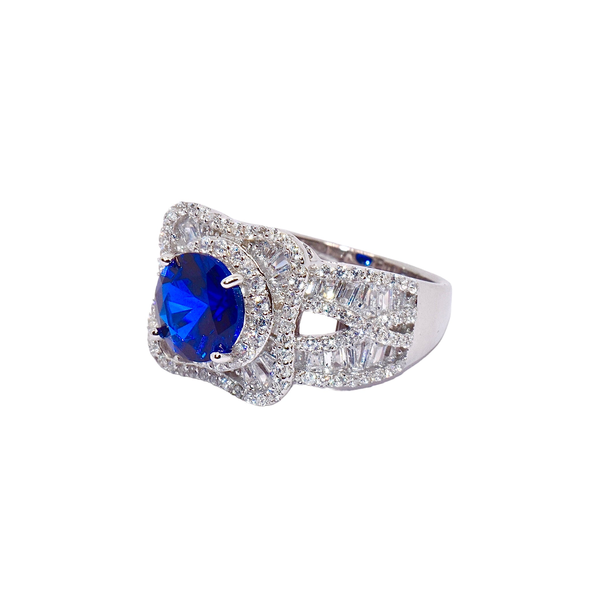 Sapphire  Coloured  Halo Cushion Baguette Solitaire Ring