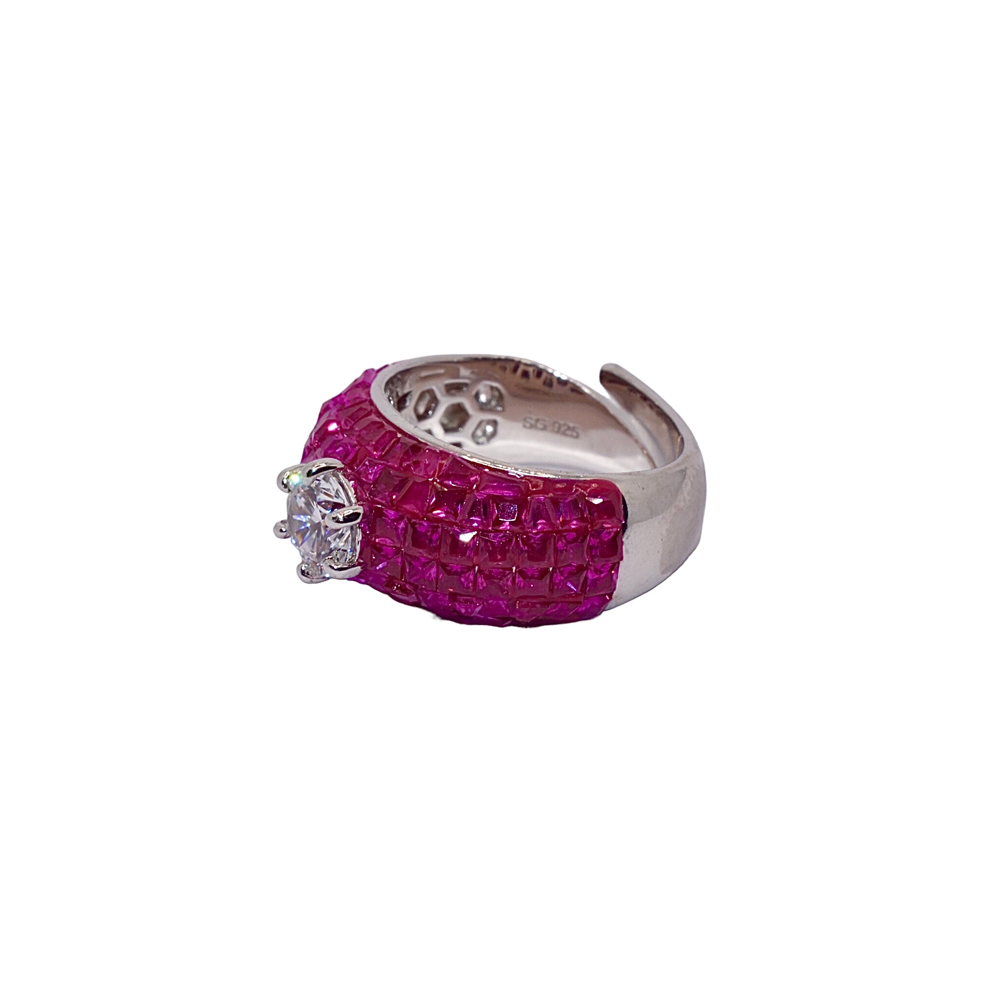 Ruby Coloured Halo Solitaire Ring