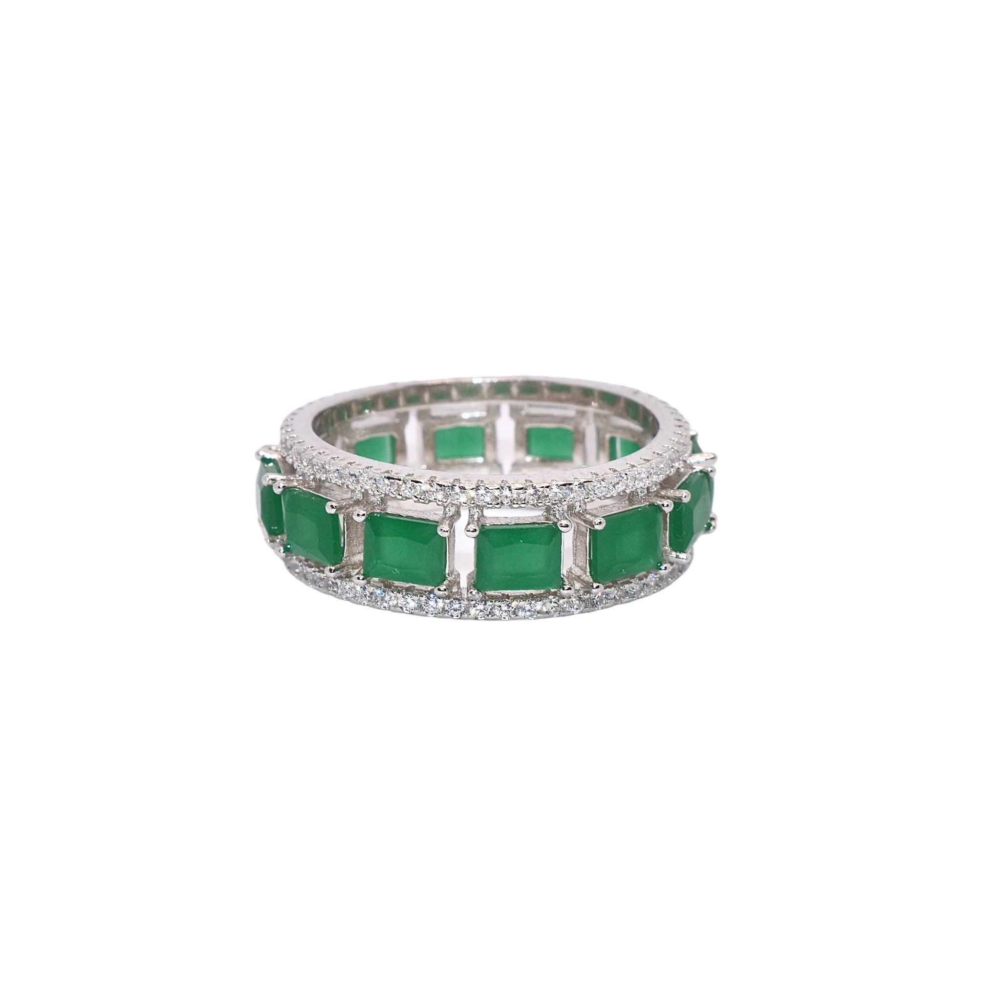 Emerald coloured Cushion Cut Band Ring