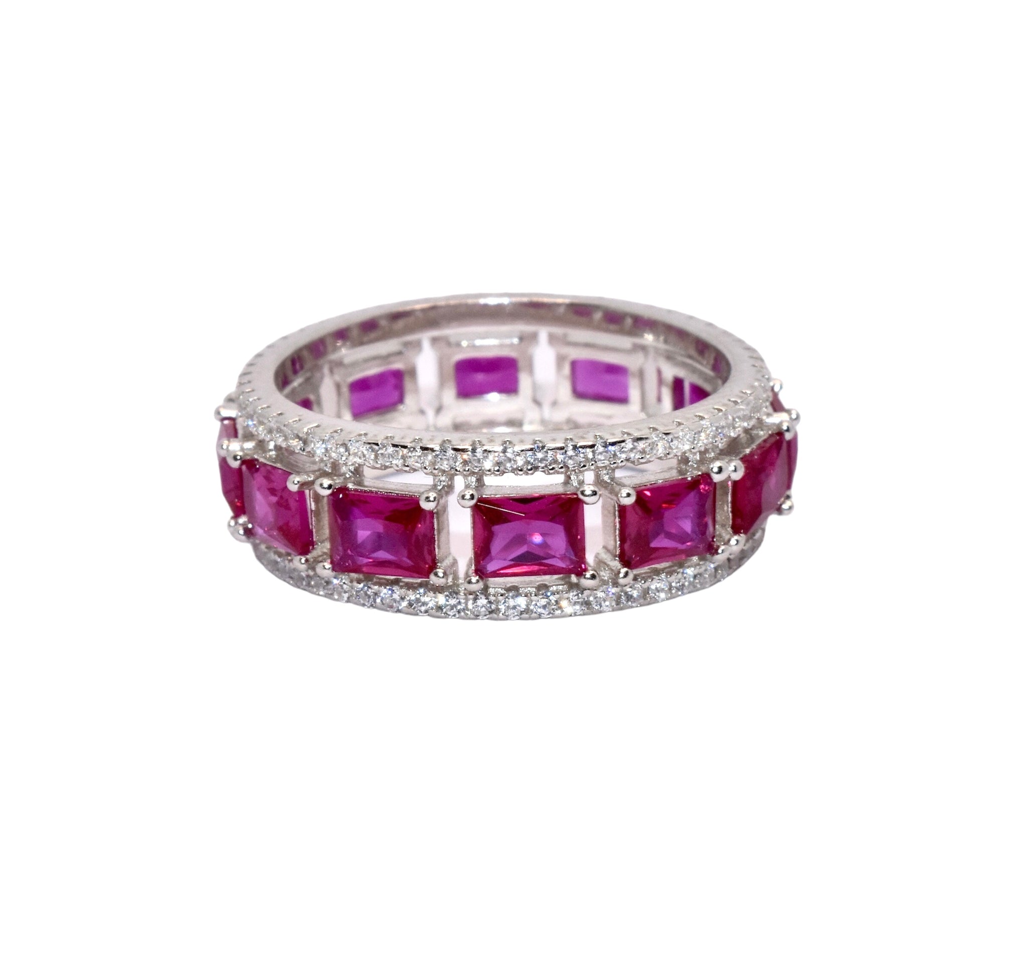 Ruby coloured Cushion Cut Band Ring