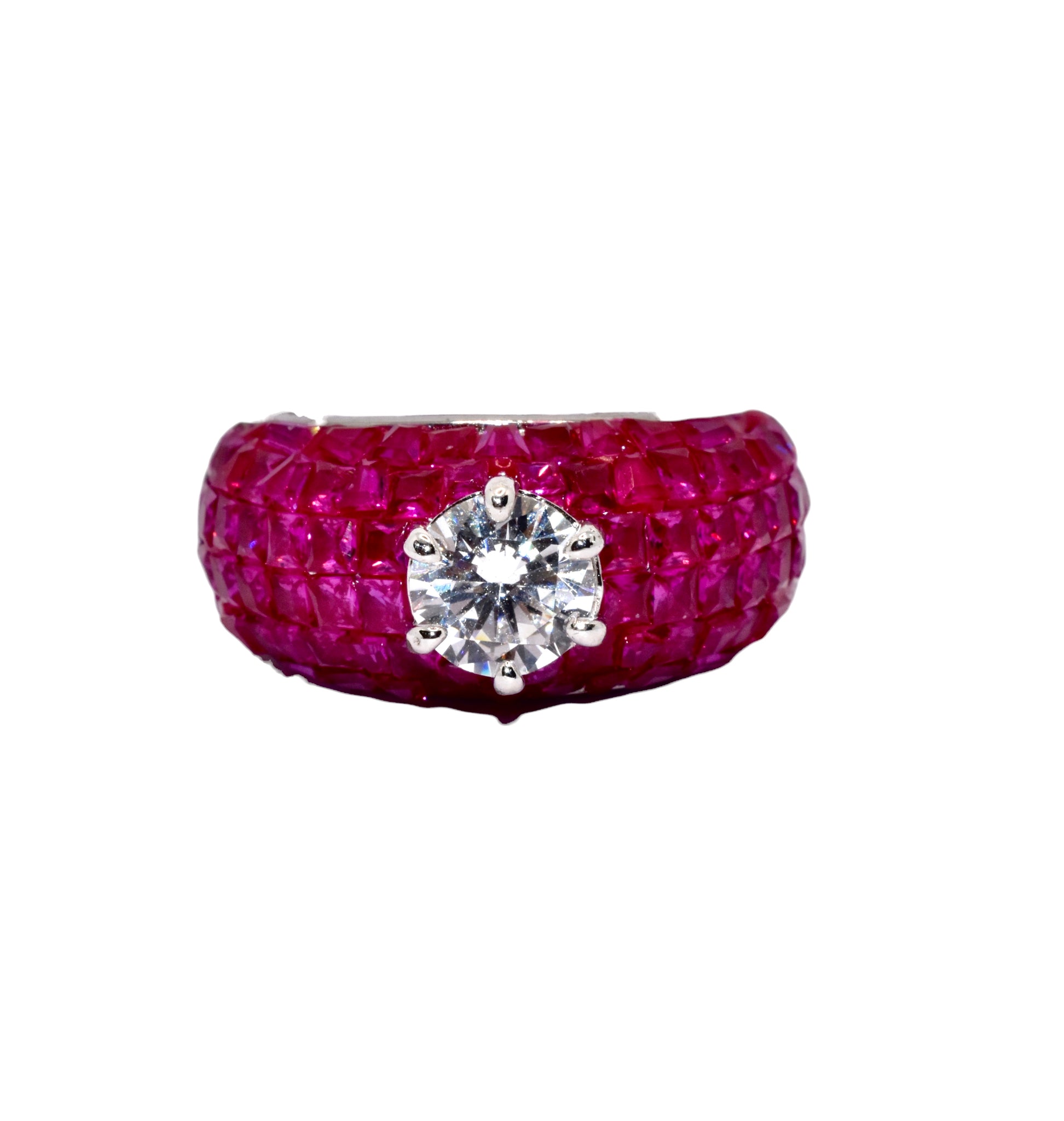 Ruby Coloured Halo Solitaire Ring