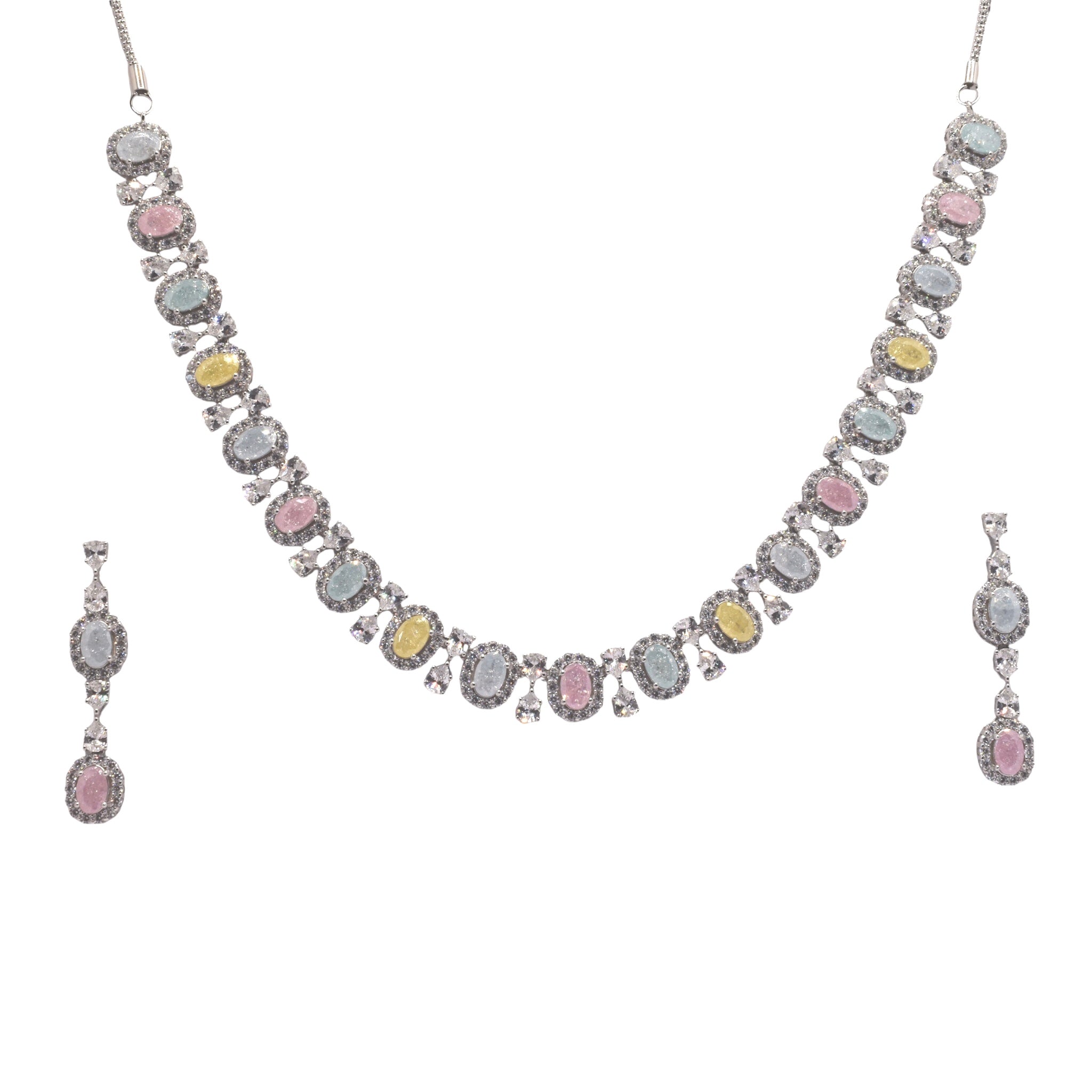 Oval Shape Pastel Coloured Necklace With Earring