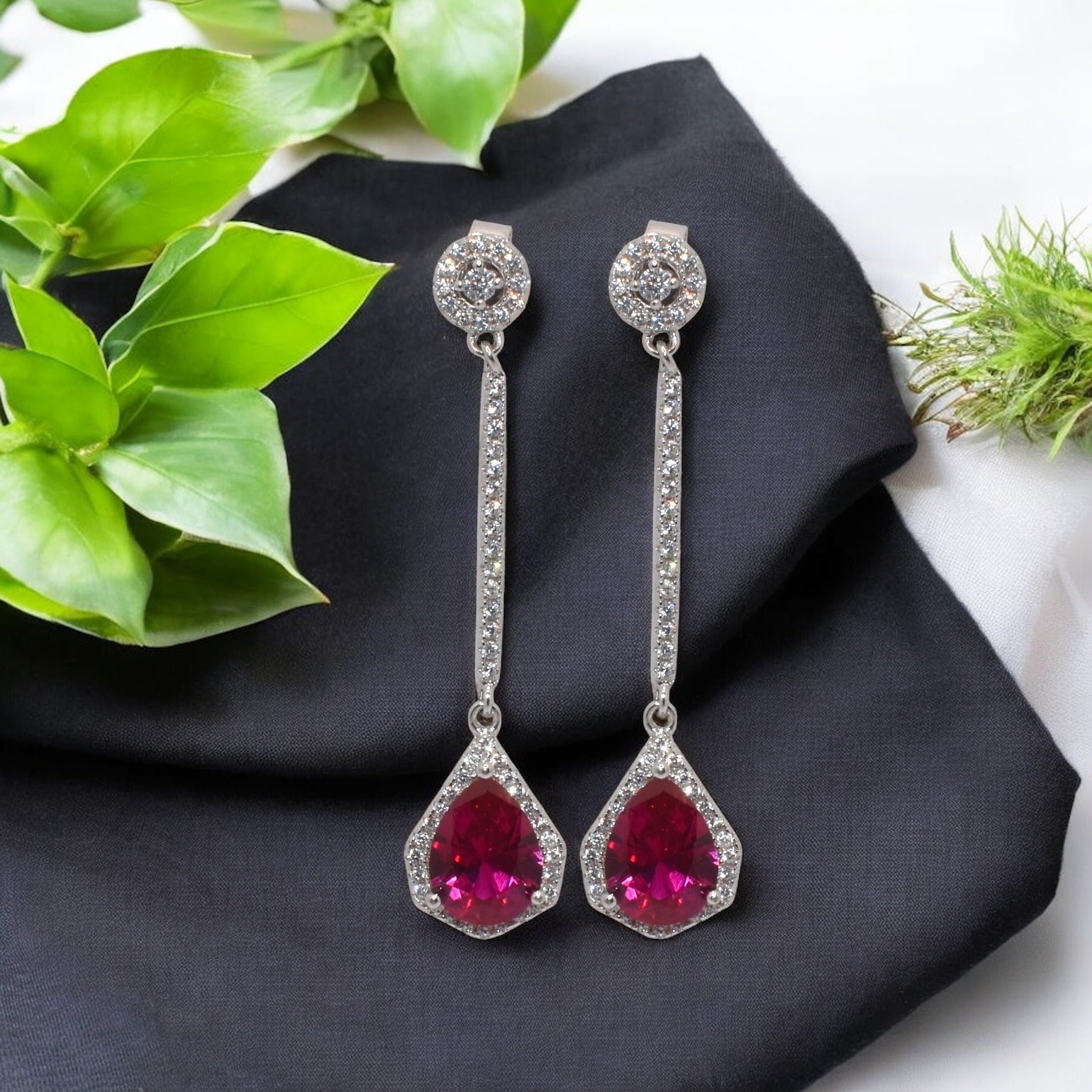 Ruby Coloured Hanging Studs