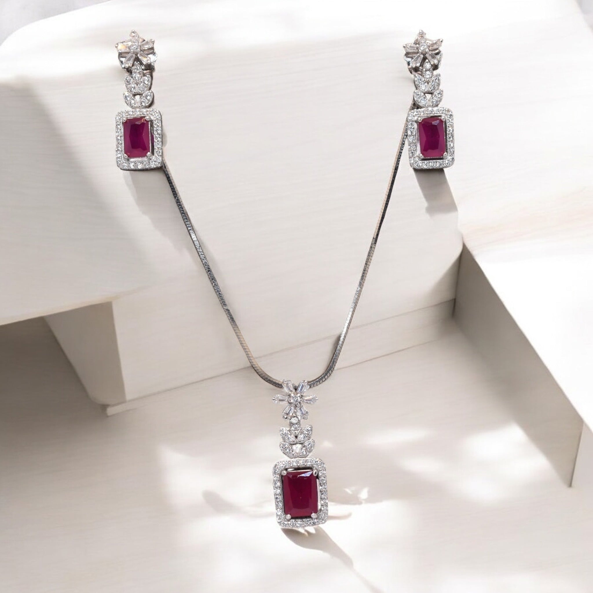 Ruby colour Emerald cut chain Pendant