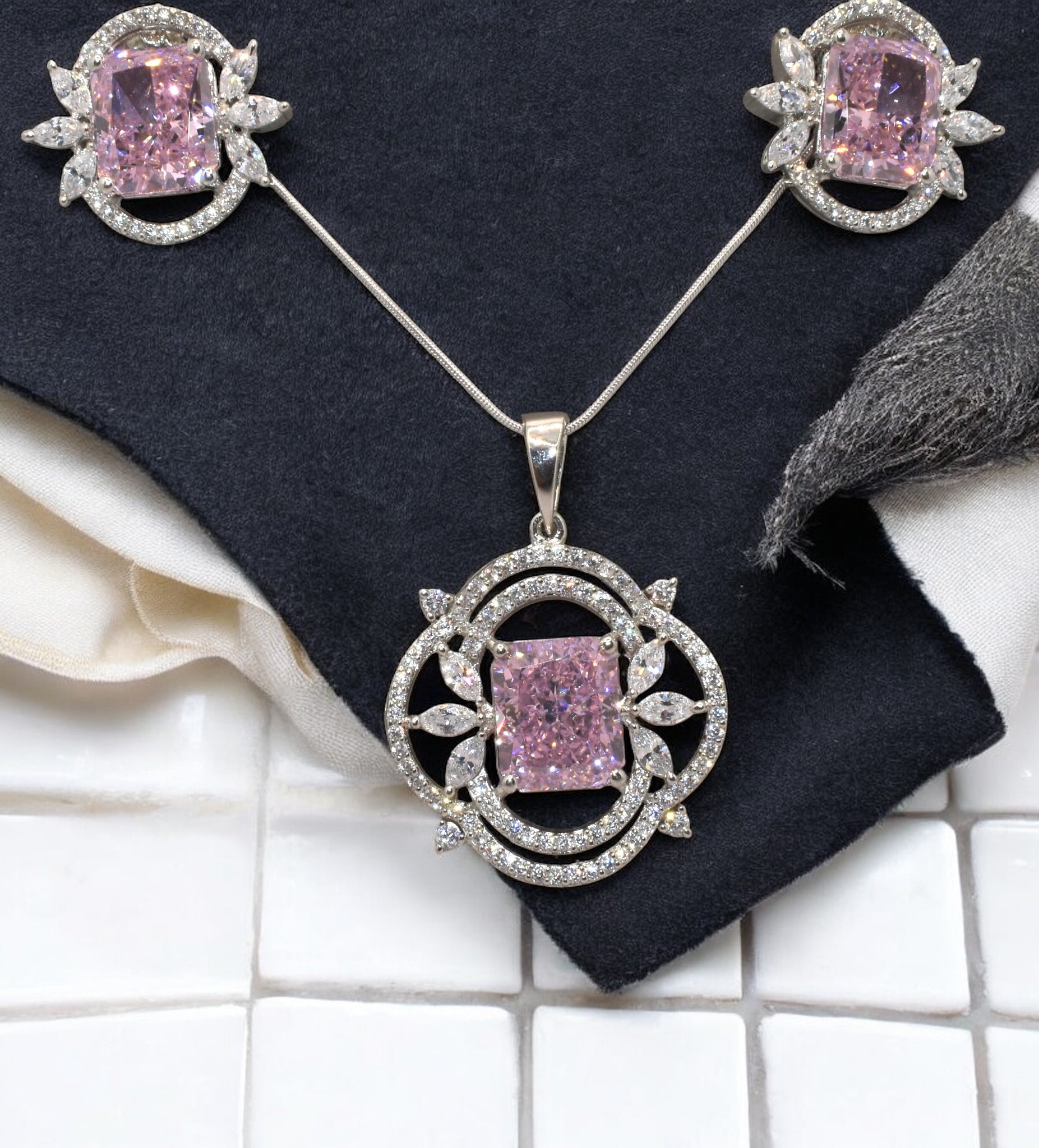 Pink Coloured Emerald Cut Ice Crush Chain Pendant