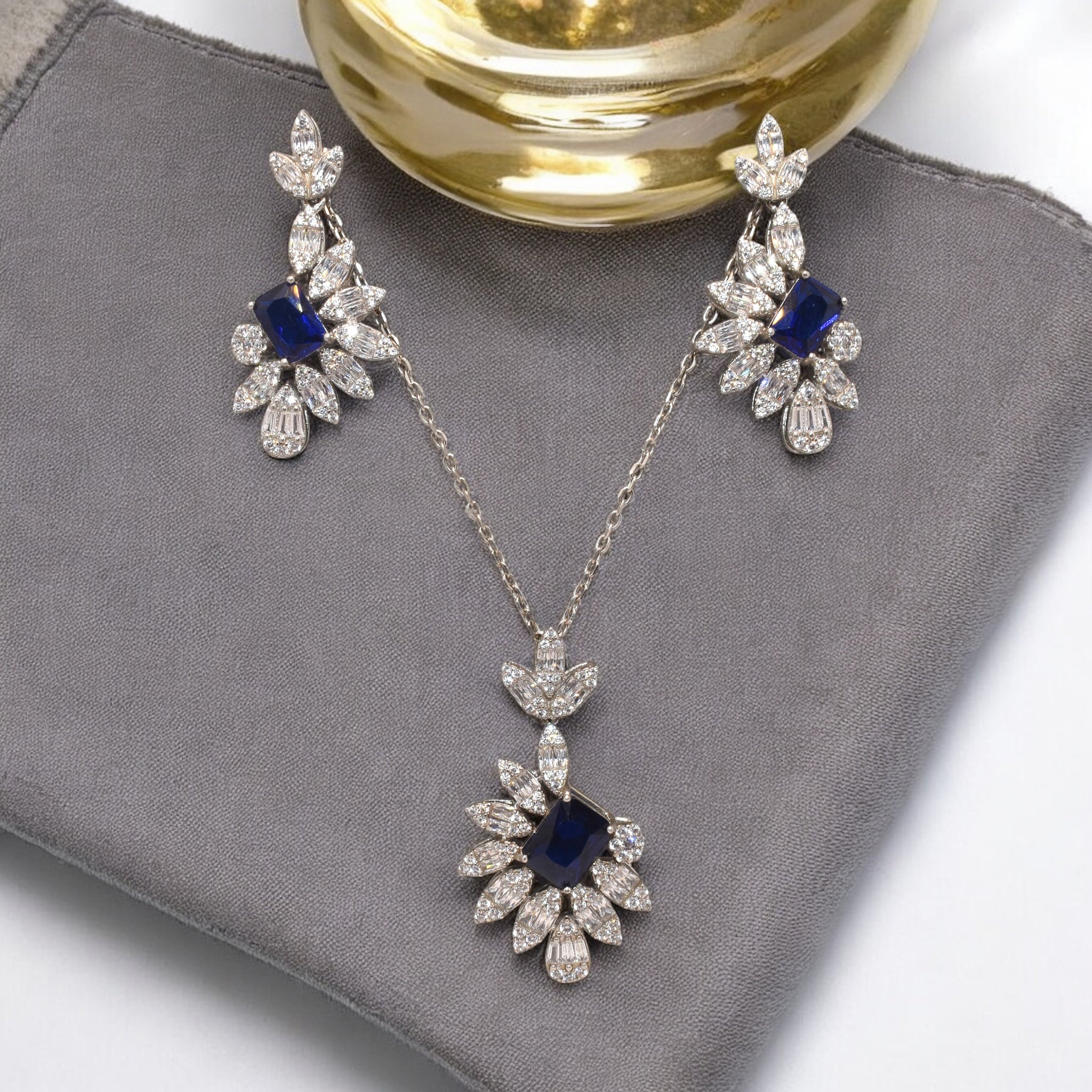 Sapphire Coloured Emerald Cut Chain Pendant Set
