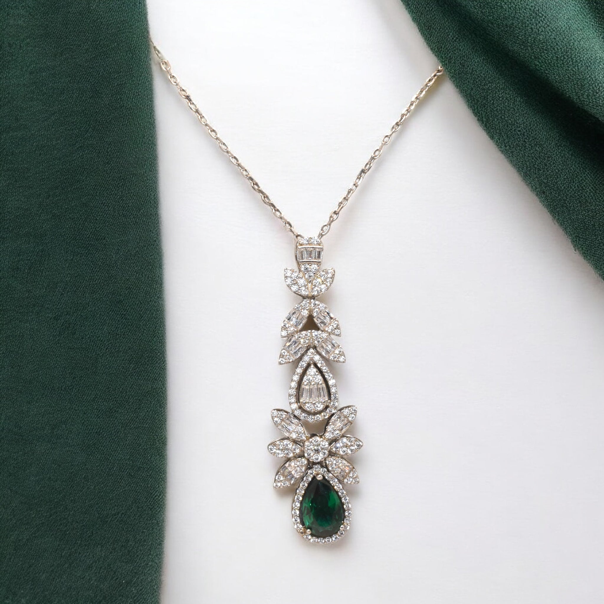 Emerald Coloured Pear Shape Chain Pendant