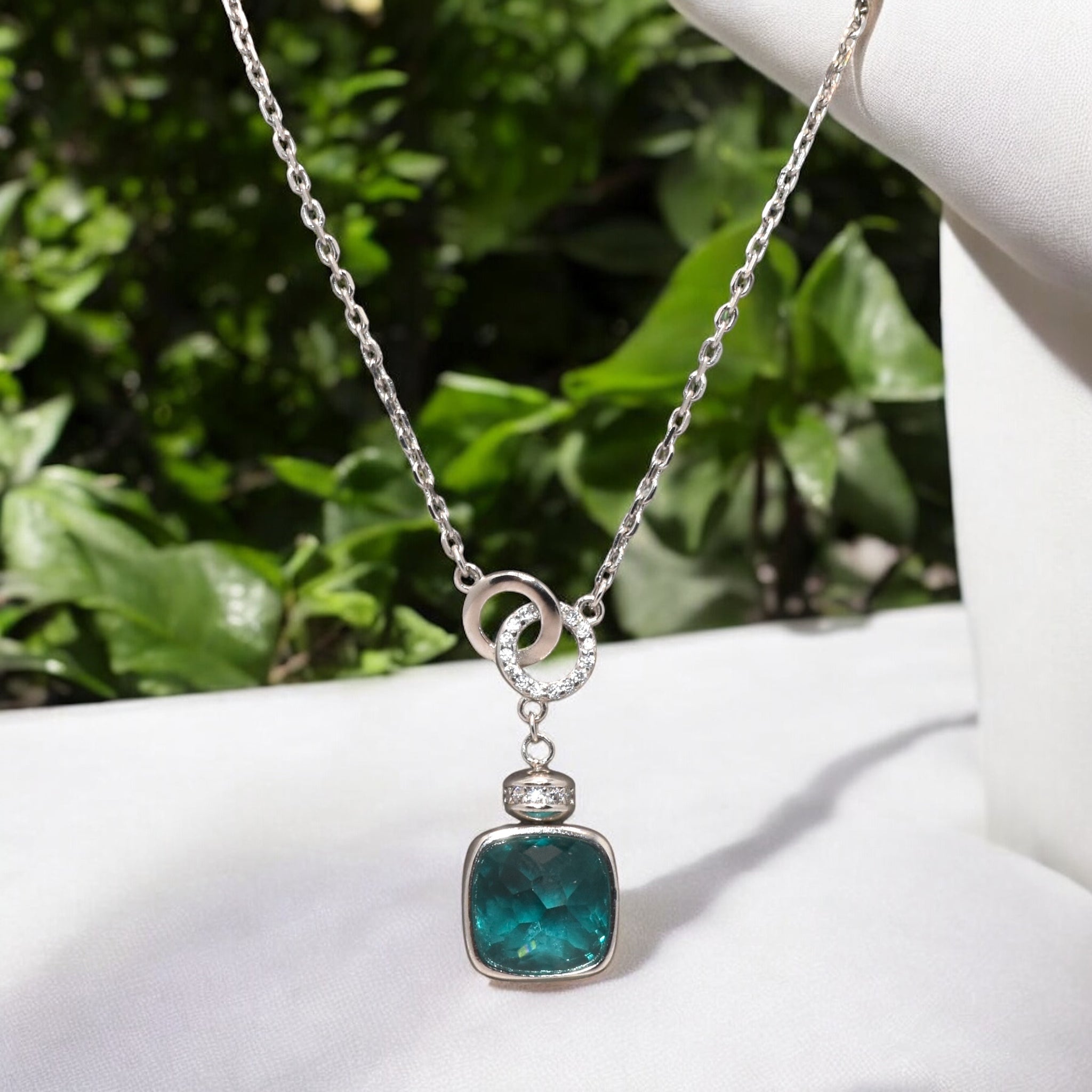 Sea Green Colour Cushion Cut Chain Pendant