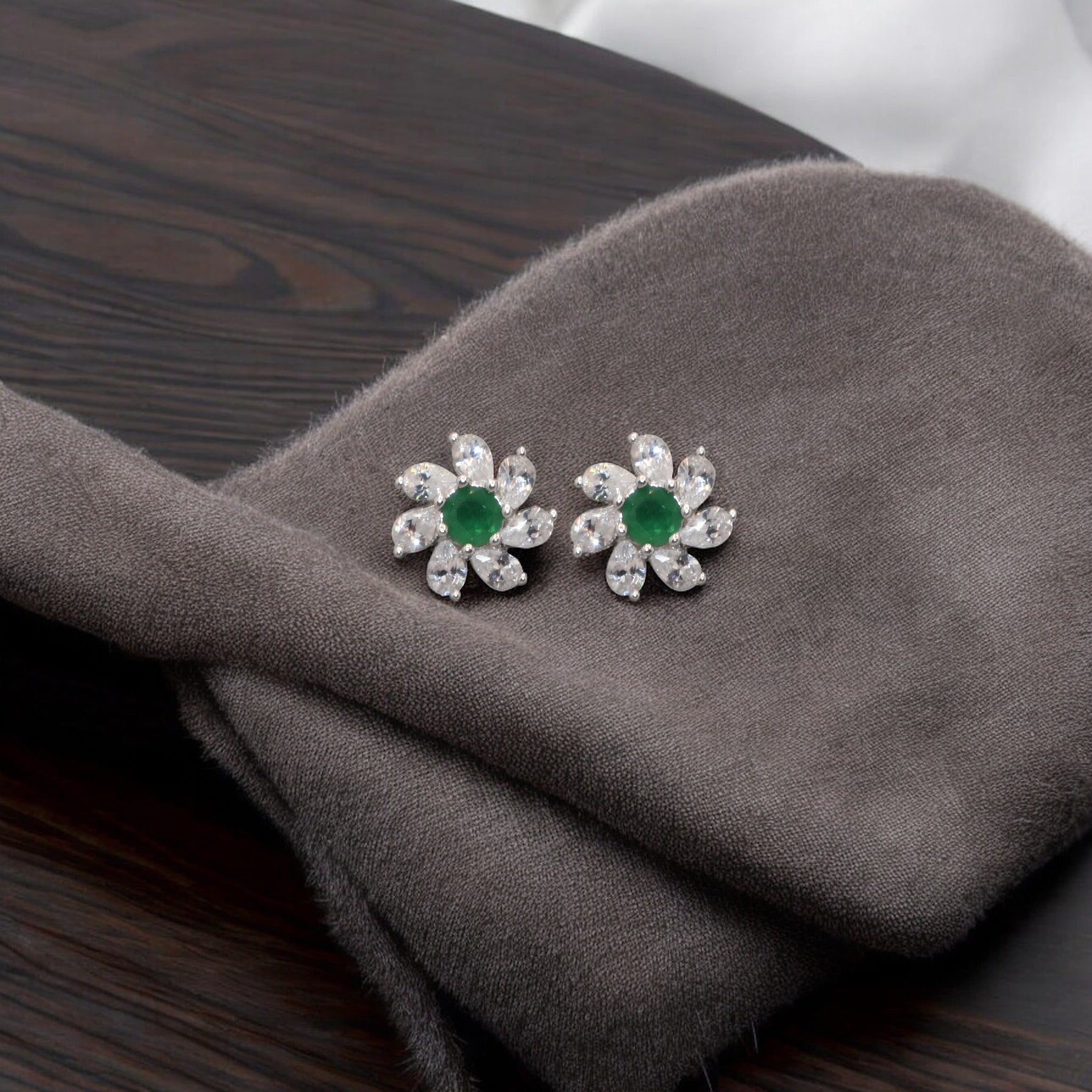 Emerald Coloured Flower Studs