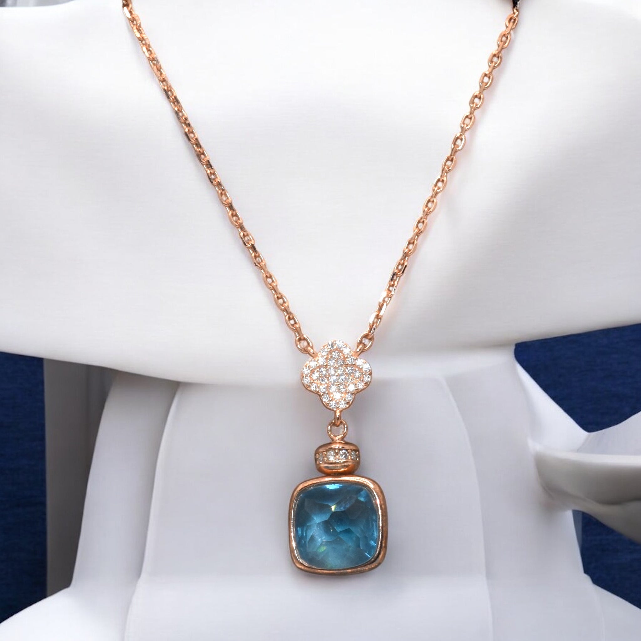 Rose Gold Ocean Blue Coloured Clover Chain Pendant