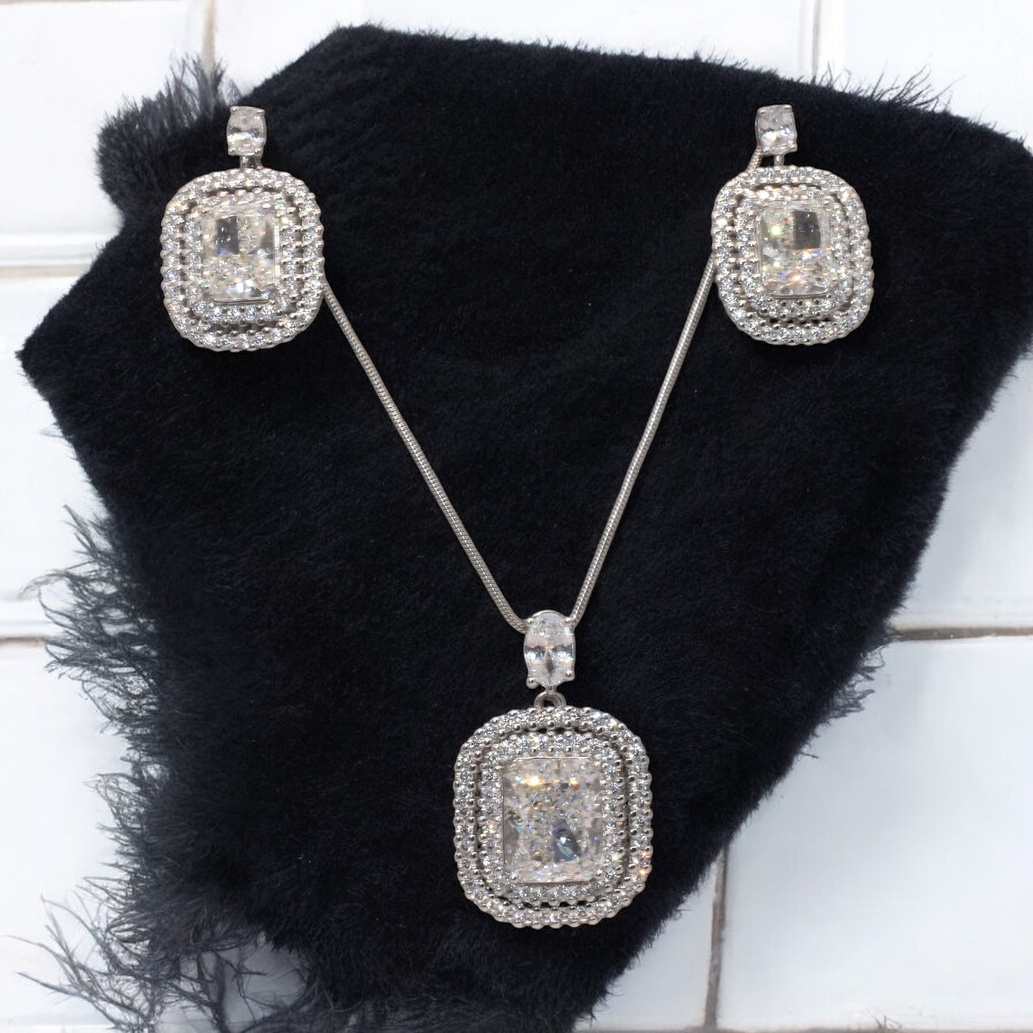 Double Halo Emerald Cut Ice Crush Chain Pendant Set