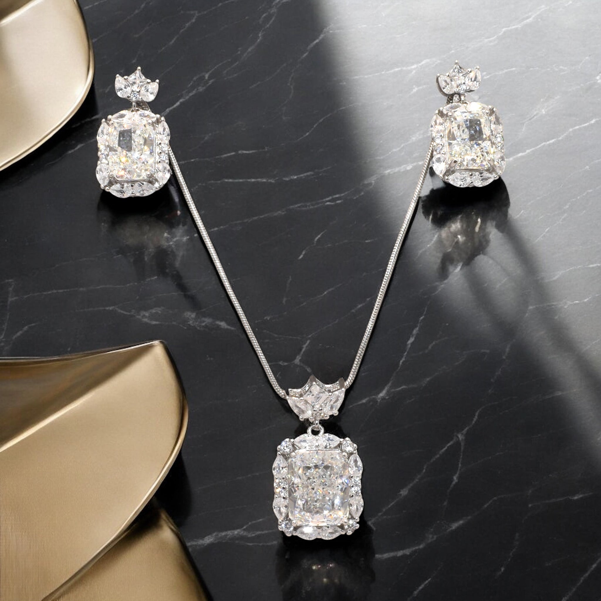 Halo Emerald Cut Ice Crush Chain Pendant Set