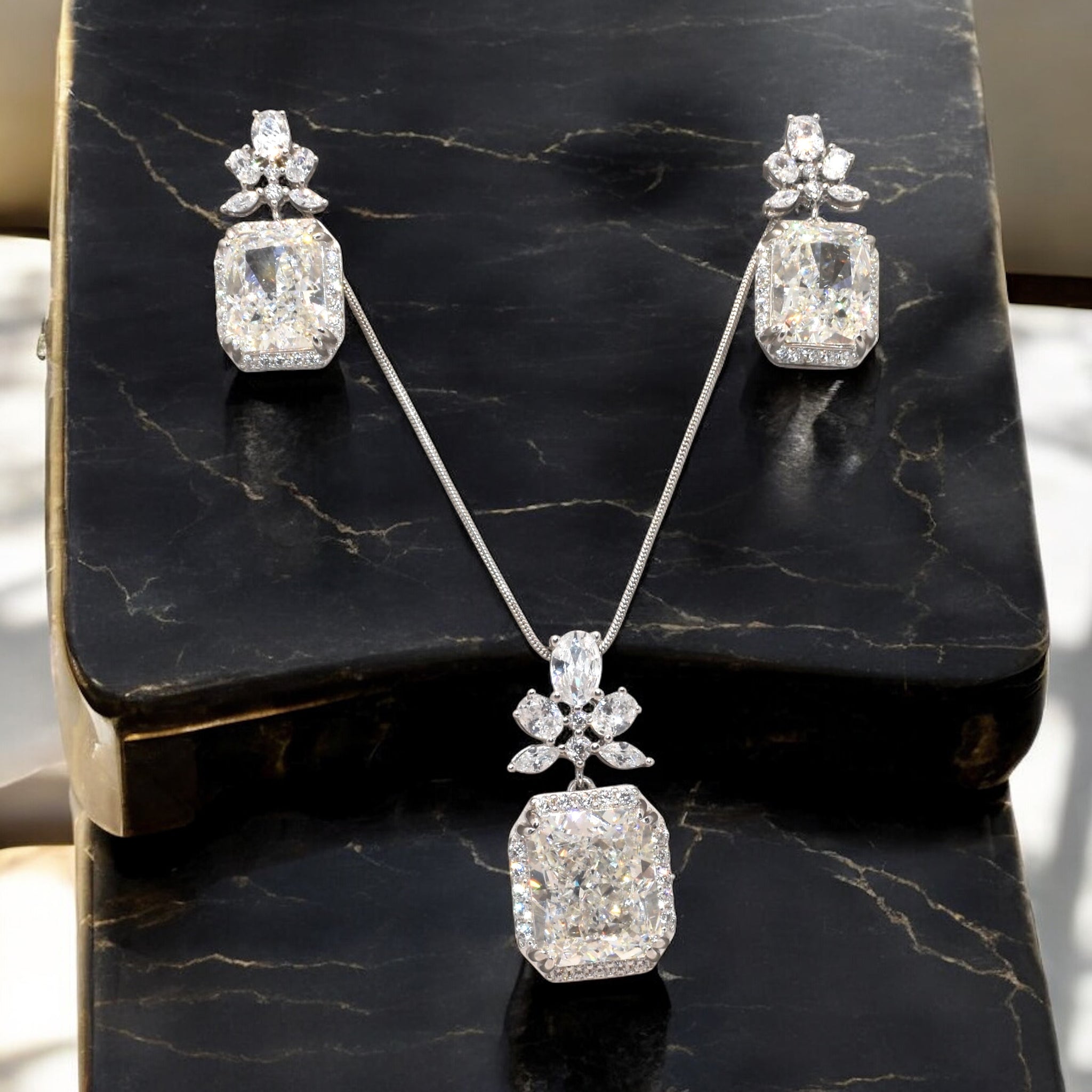 Halo Emerald Cut Ice Crush Chain Pendant Set