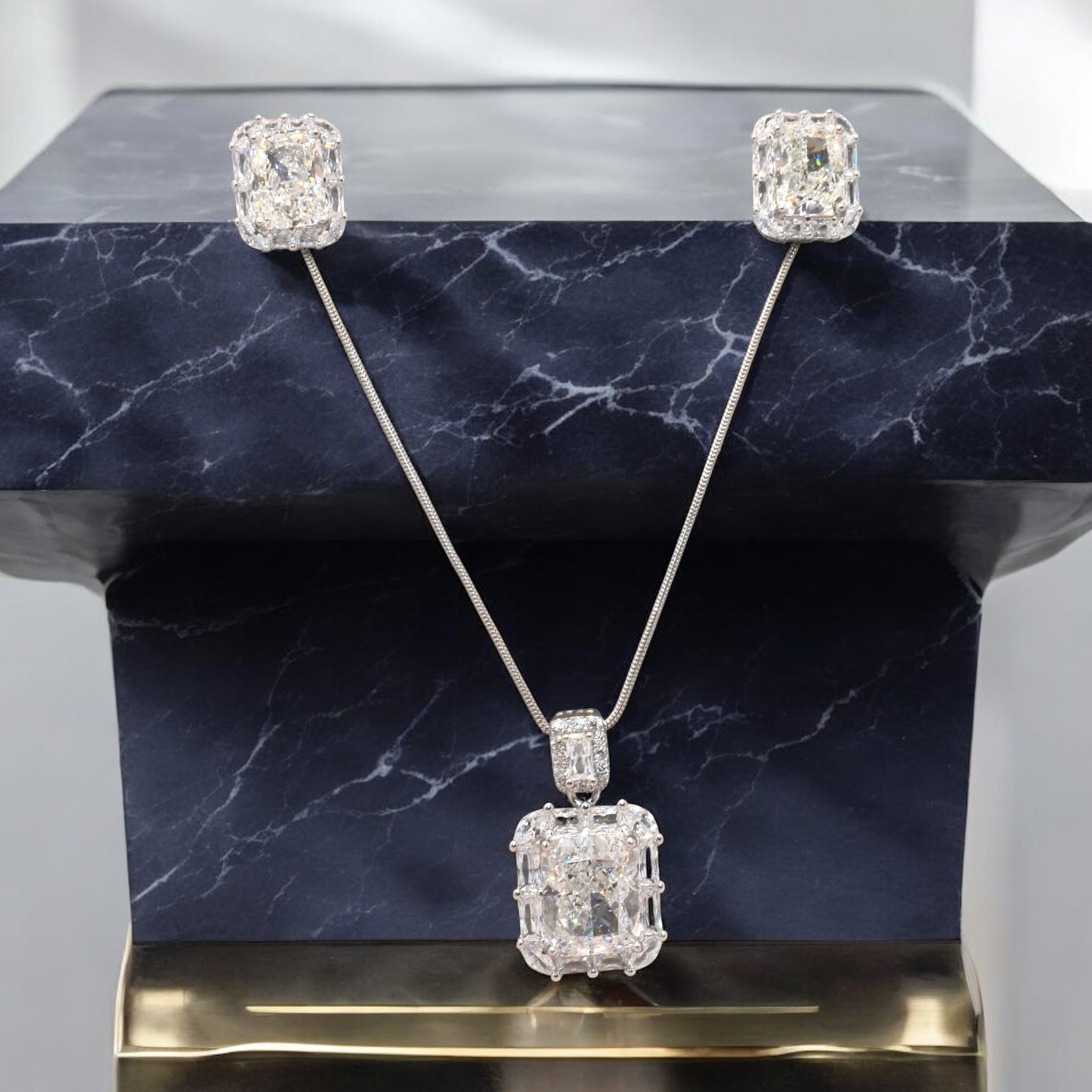 Halo Emerald Cut Ice Crush Baguette Chain Pendant Set