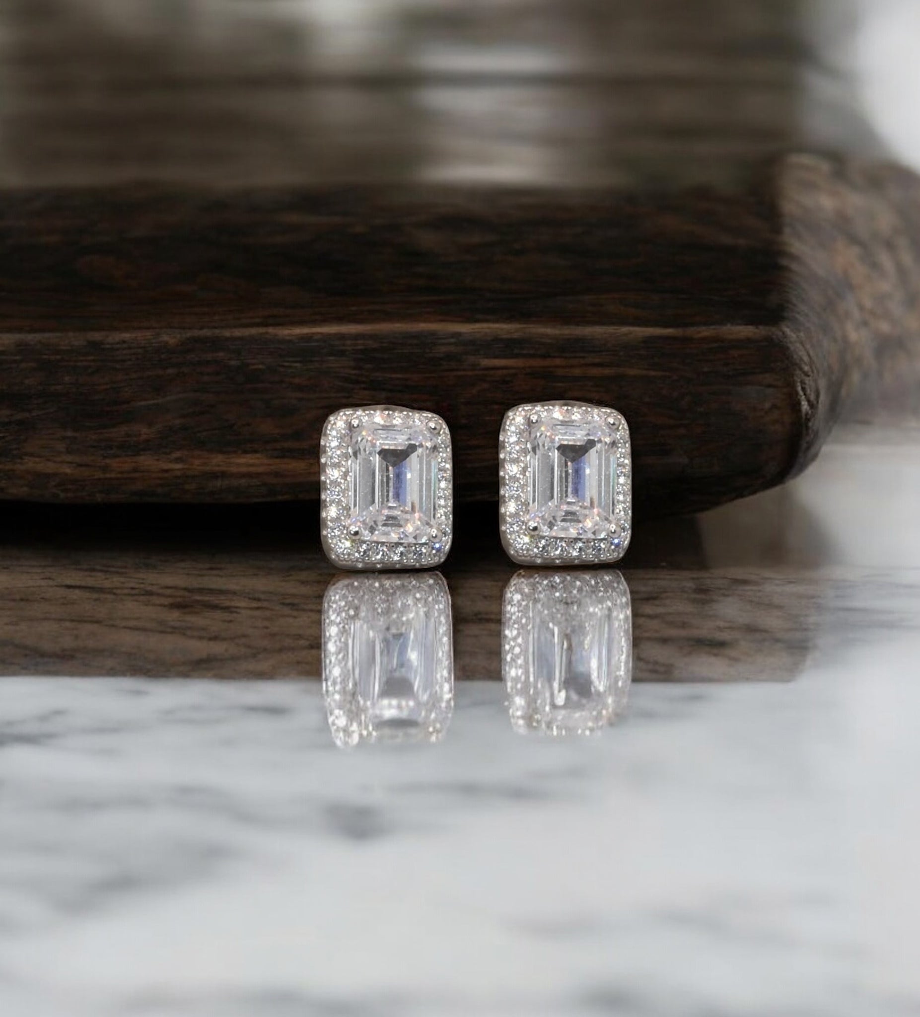 Halo Emerald Baguette Studs