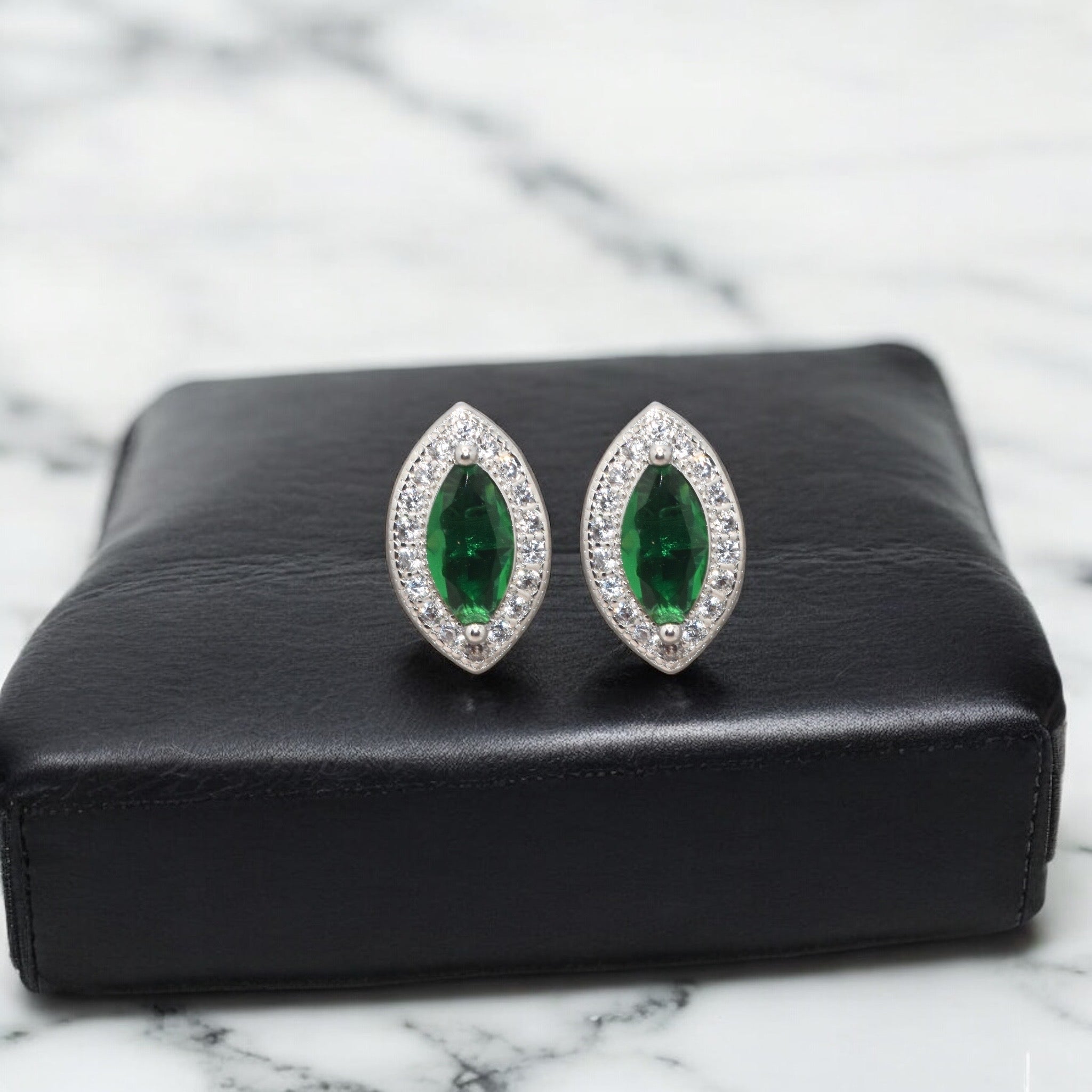 Halo Emerald Coloured Marquise Shape Studs