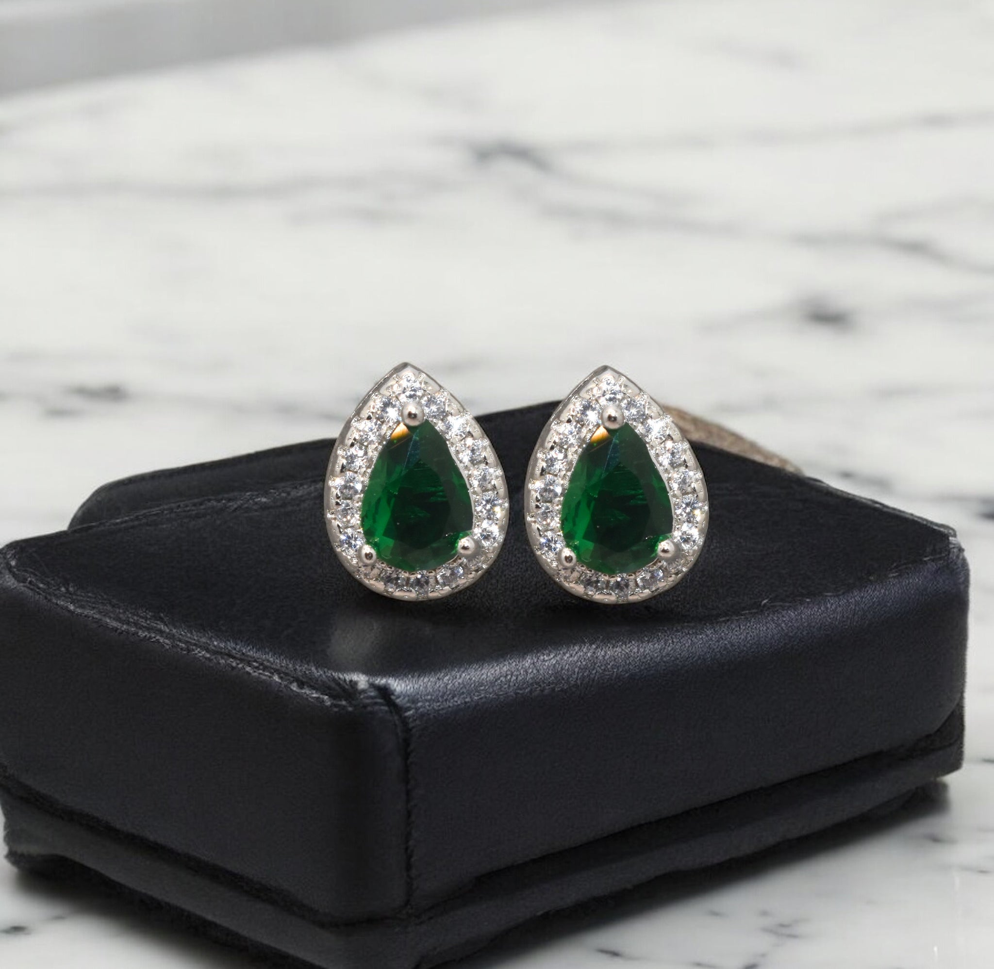 Halo Emerald Coloured Pear Shape Studs
