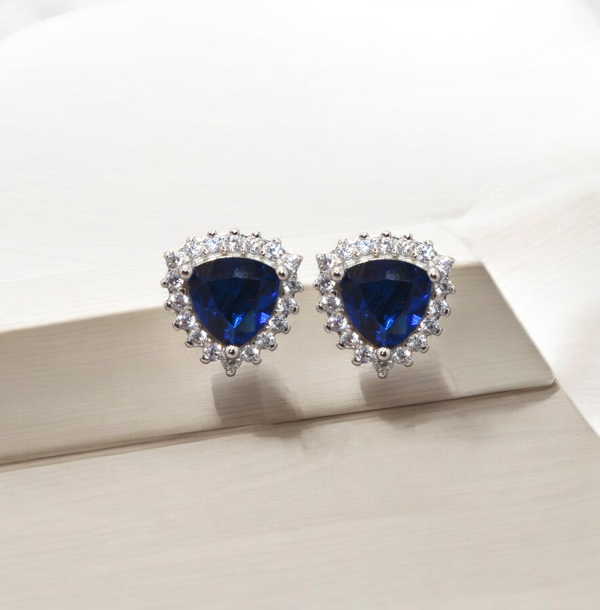 Halo Sapphire Coloured Triangle Shape Studs