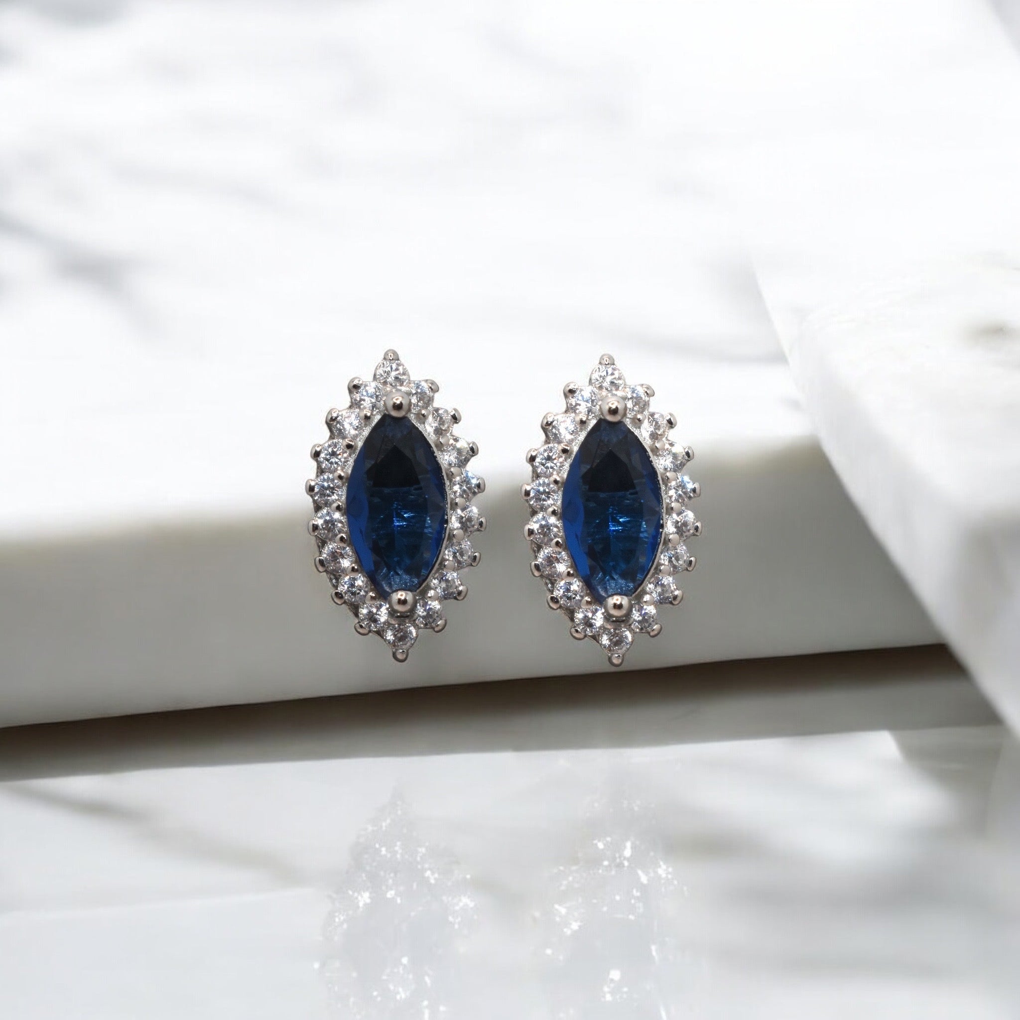 Halo Sapphire Coloured Marquise Shape Studs