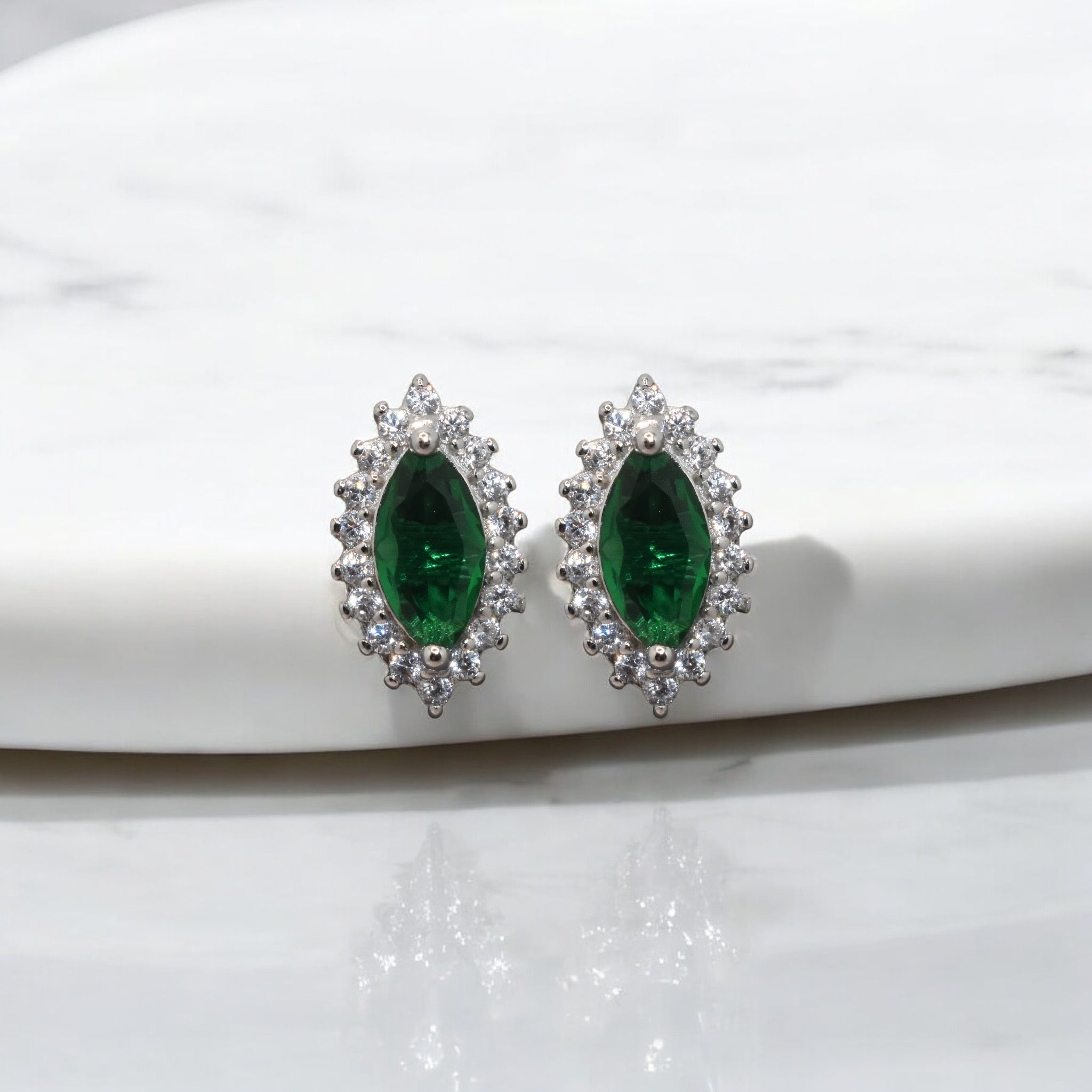 Halo Emerald Coloured Marquise Shape Studs