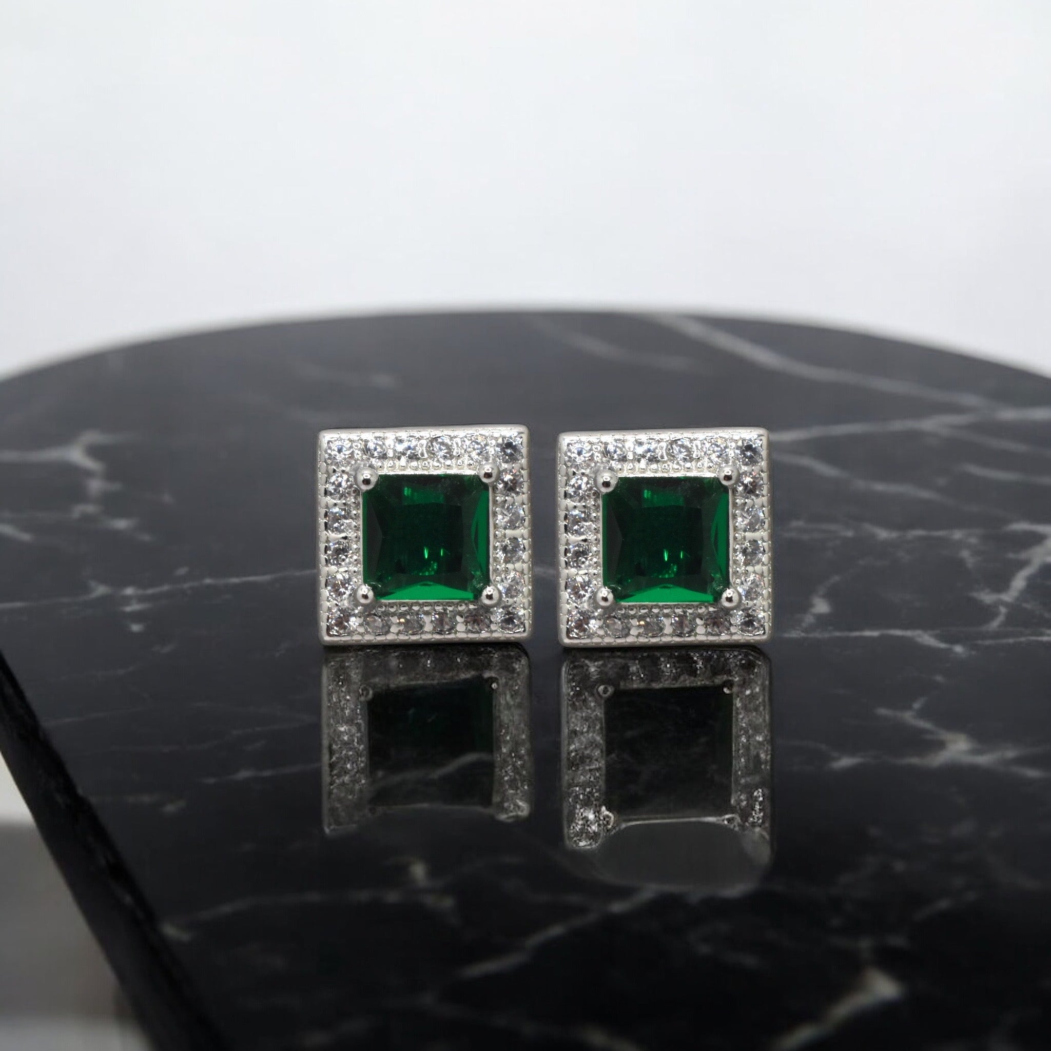 Halo Emerald Coloured Cushion Cut Studs