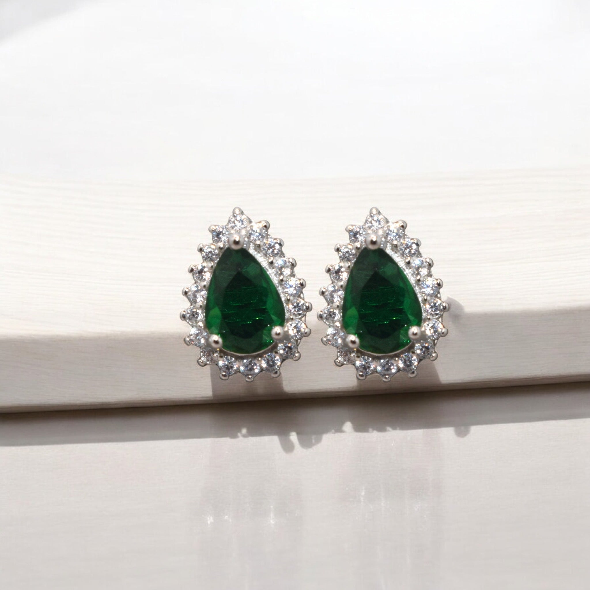 Halo Emerald Coloured Pear Shape Studs