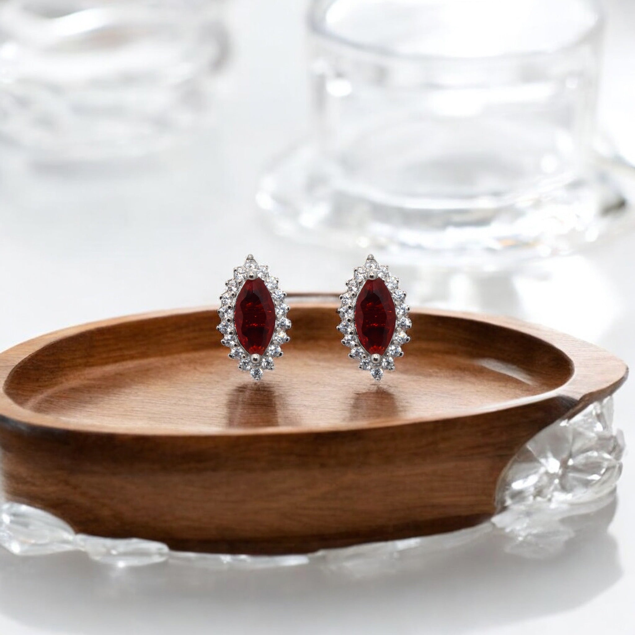 Halo Ruby Coloured Marquise Shape Studs