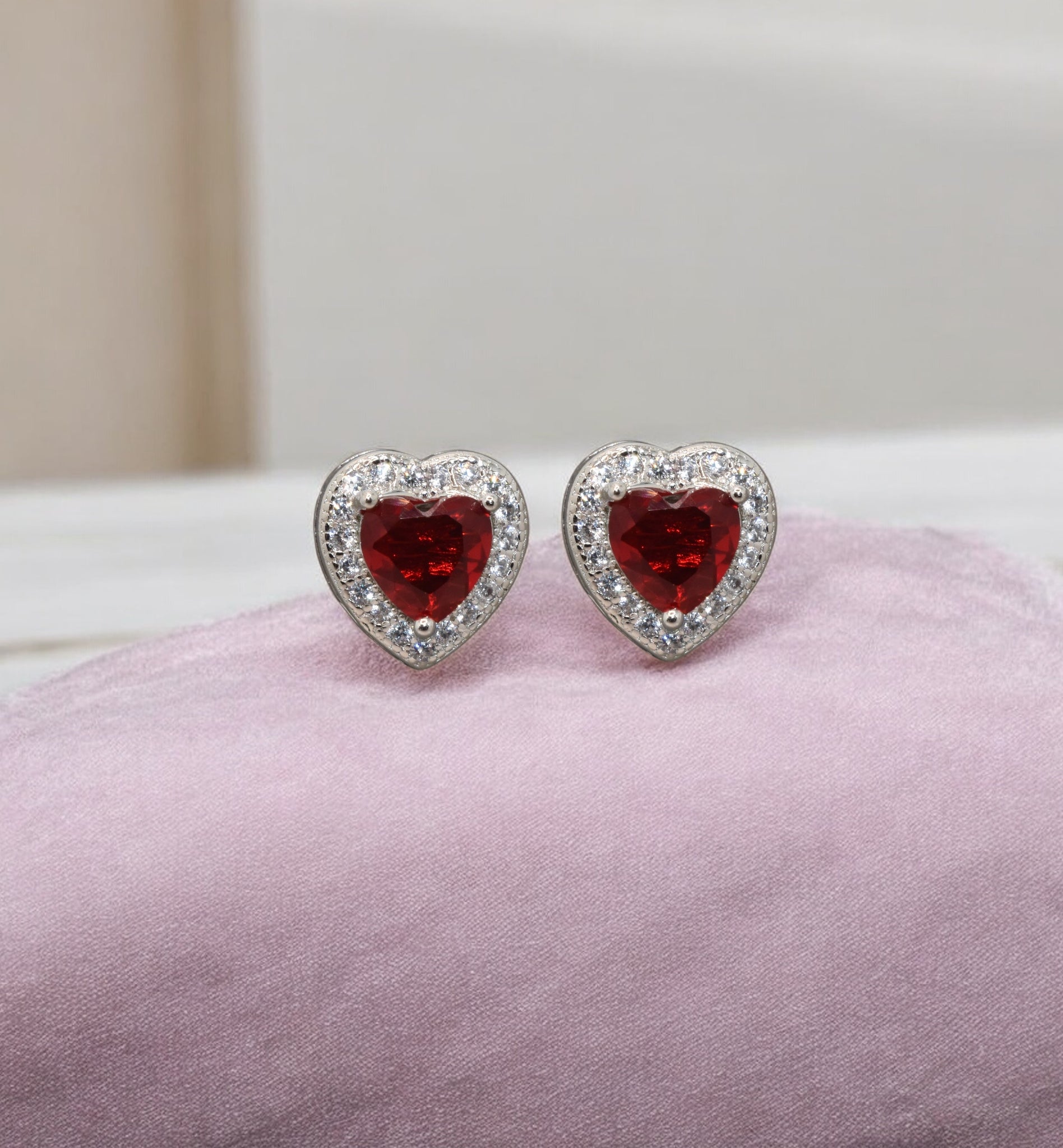 Ruby Coloured Heart Shape Studs