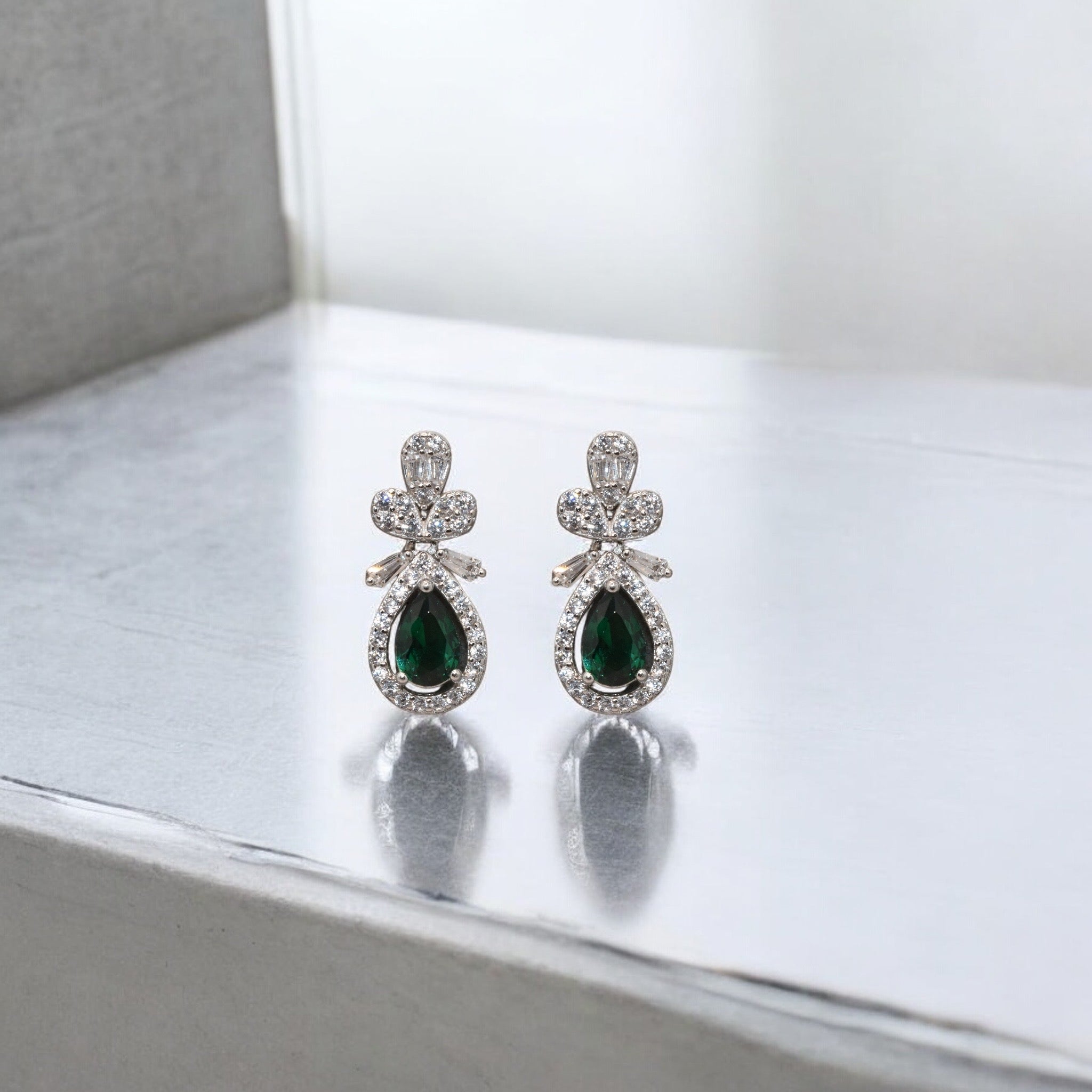 Emerald Coloured Pear Baguette Studs
