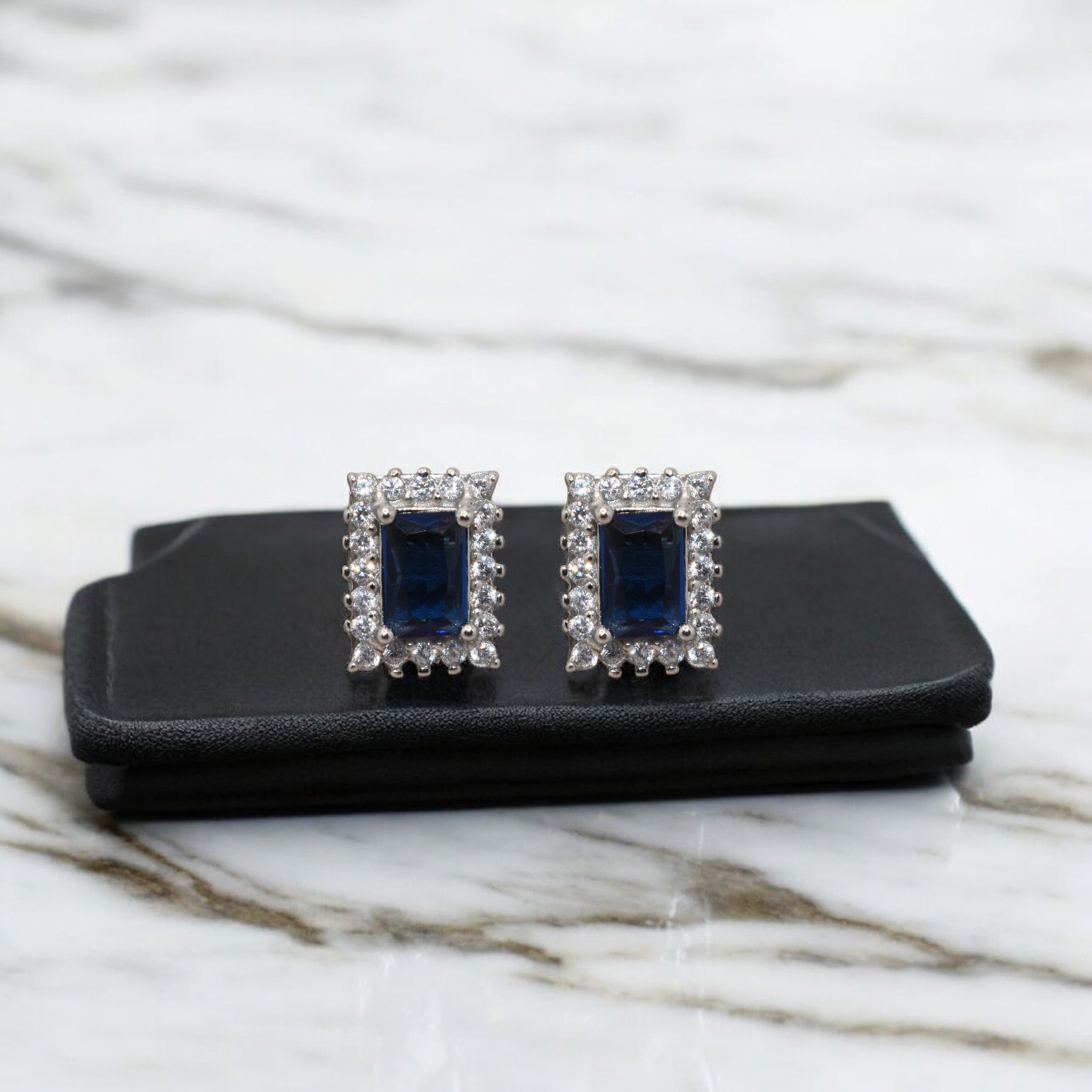 Halo Sapphire Coloured Emerald Cut Studs