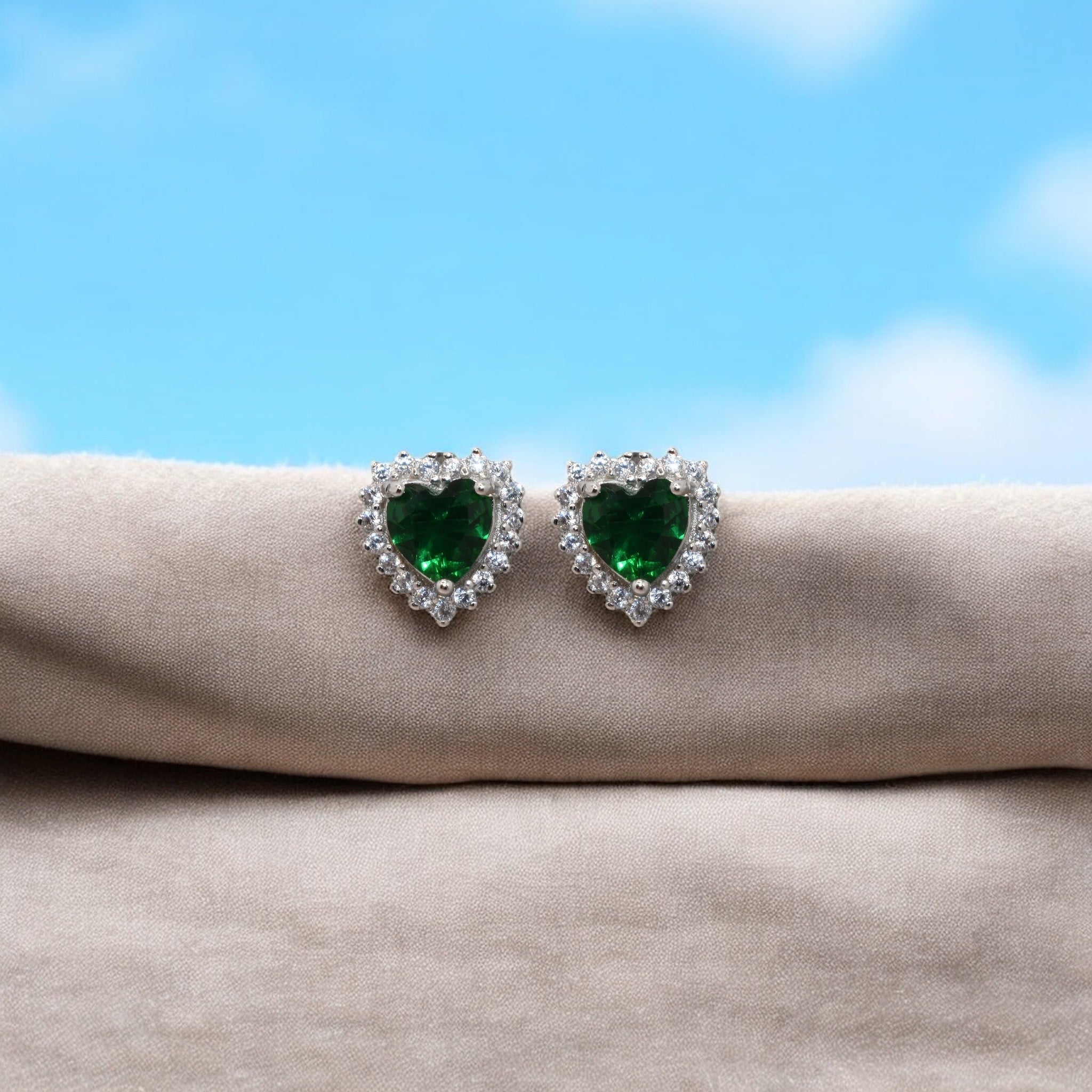 Emerald Coloured Heart Shape Studs