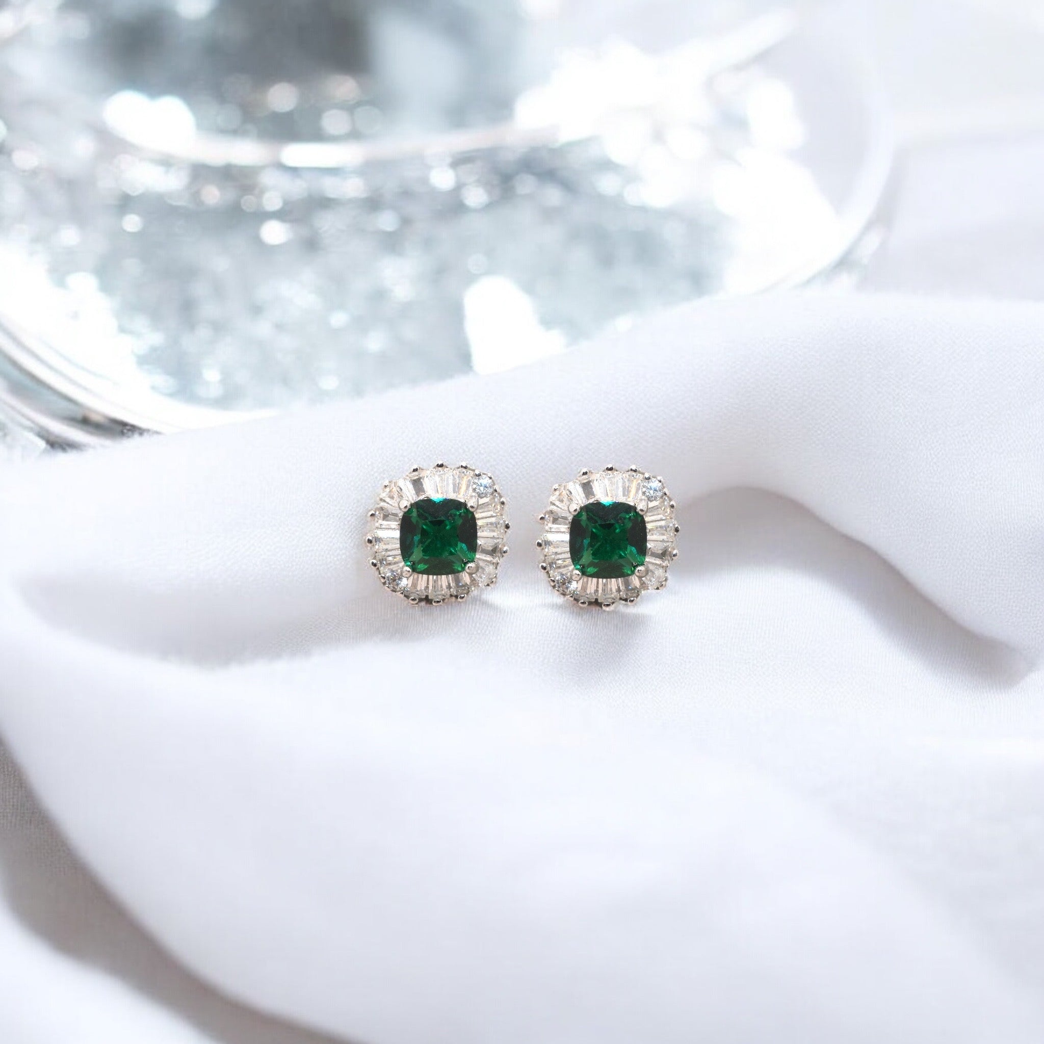 Emerald Coloured Cushion Cut Baguette Studs