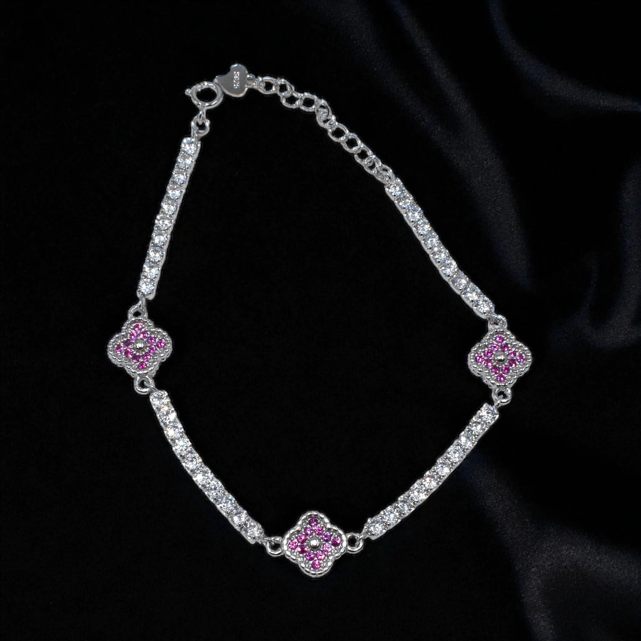 Pink Coloured Triple Clover Tennis Bracelet