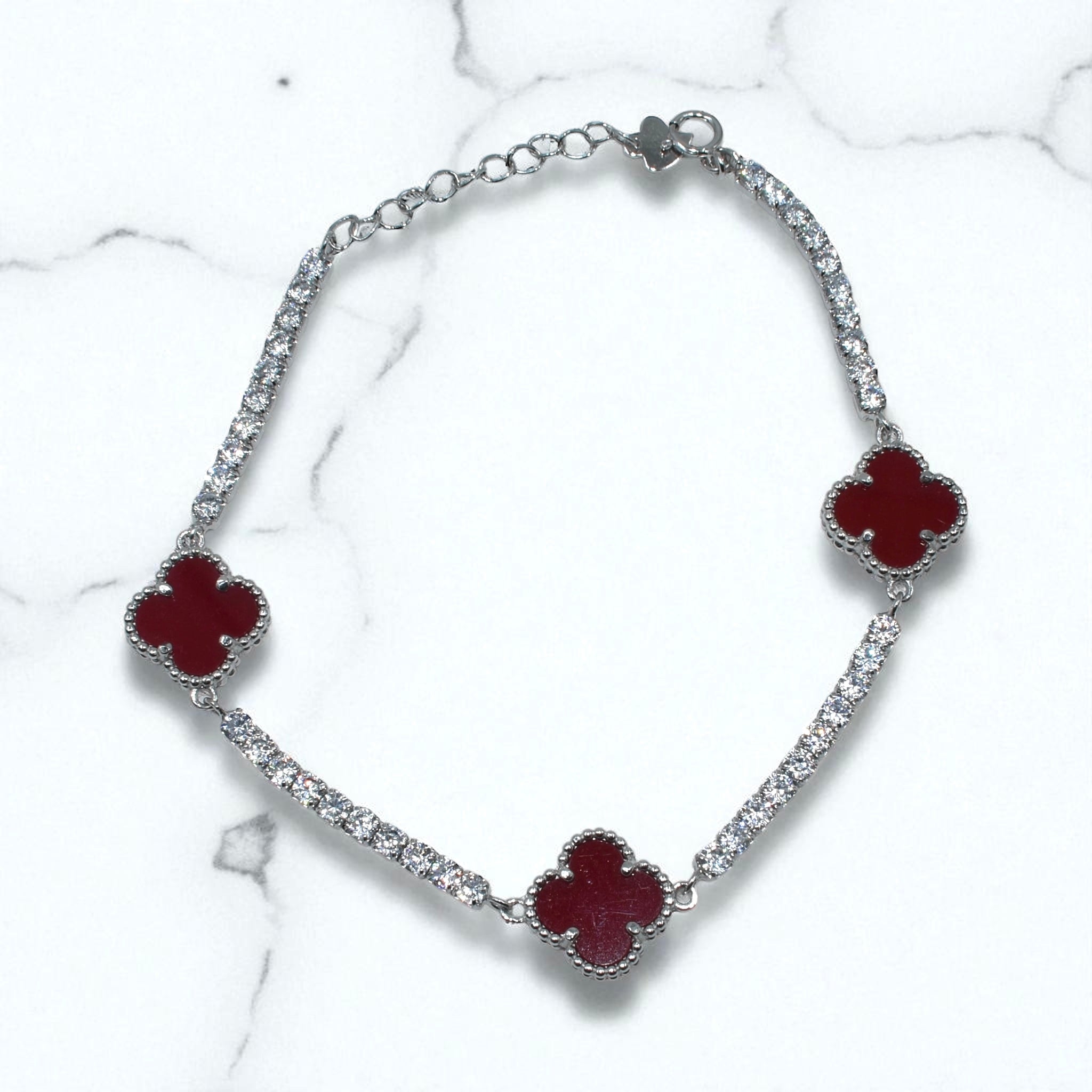 Ruby Coloured Triple Clover Tennis Bracelet