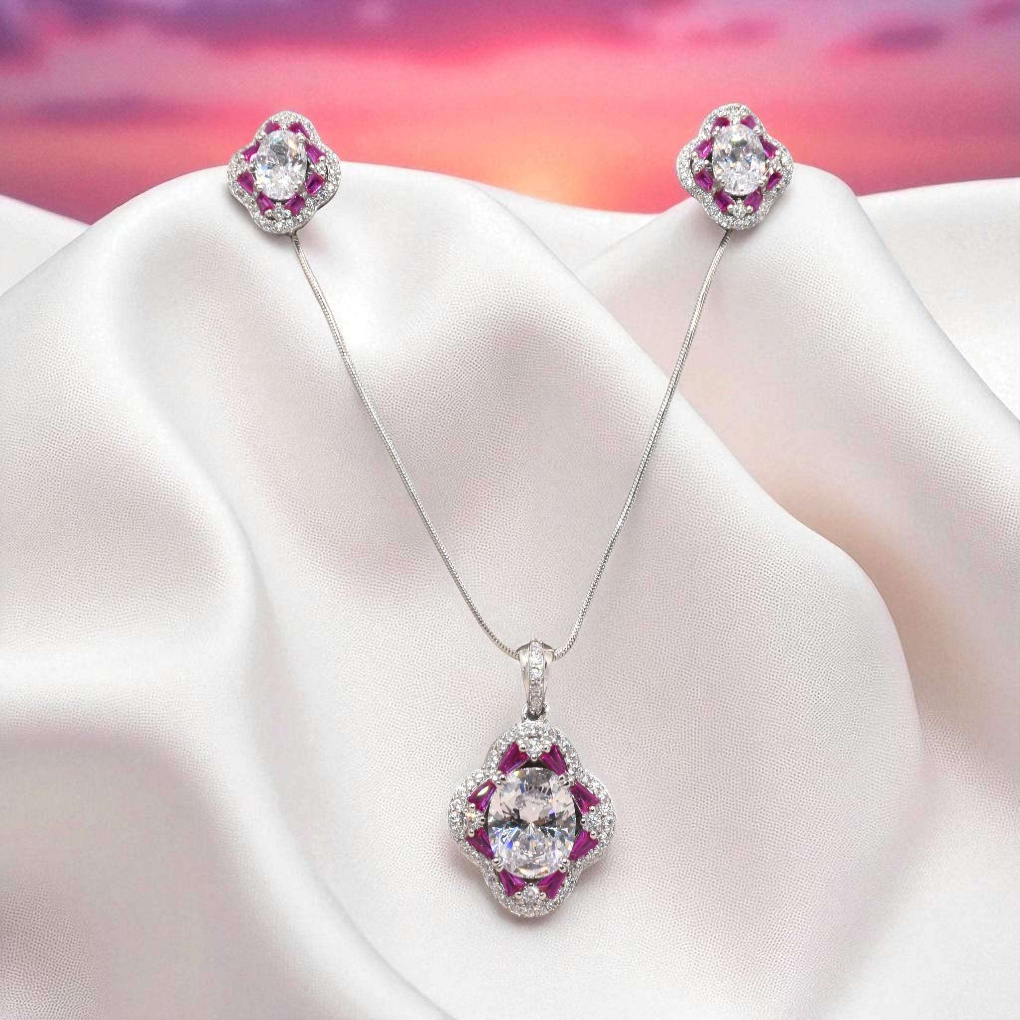 Oval Shape Ruby Coloured Chain Pendant