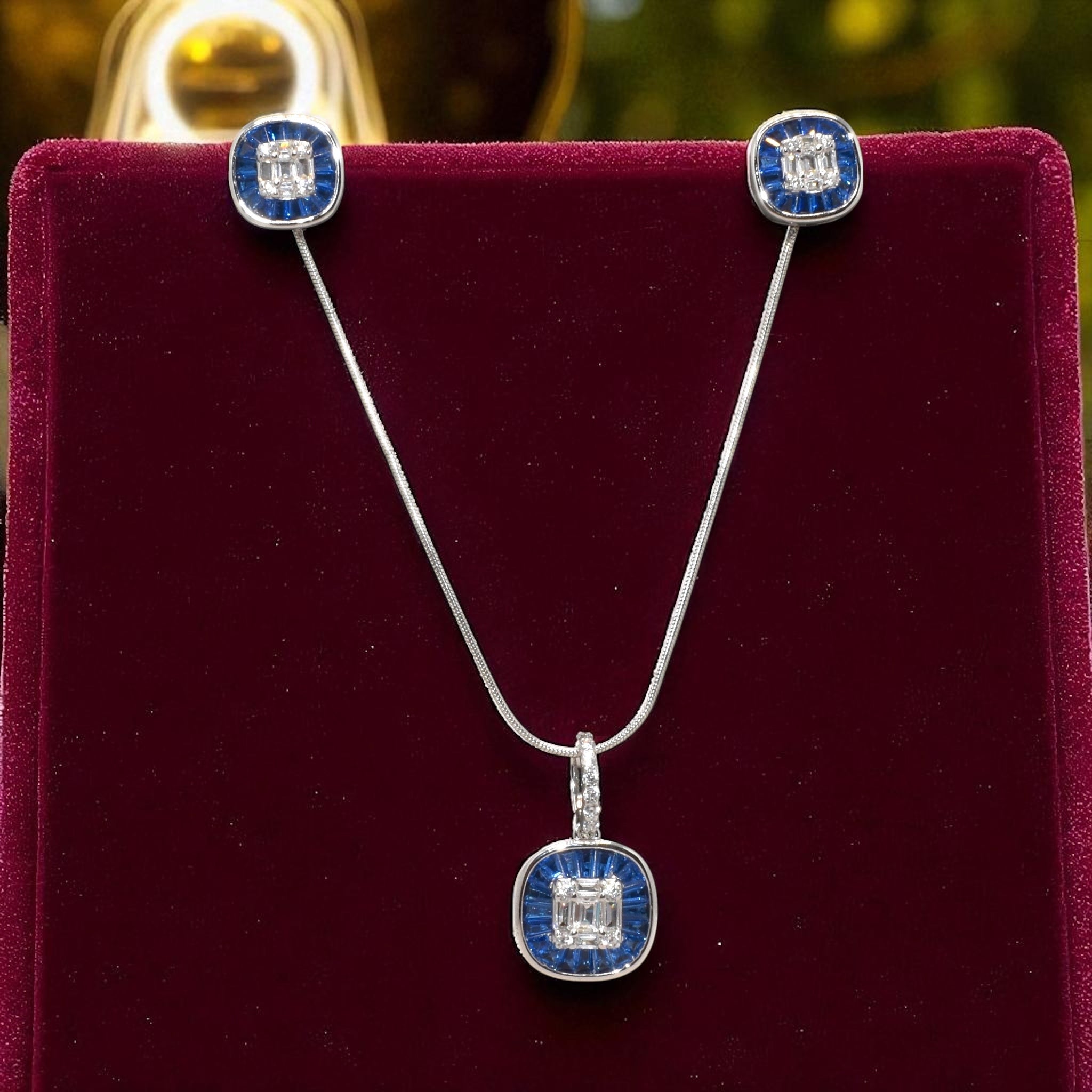 Cushion Cut Sapphire Coloured Chain Pendant