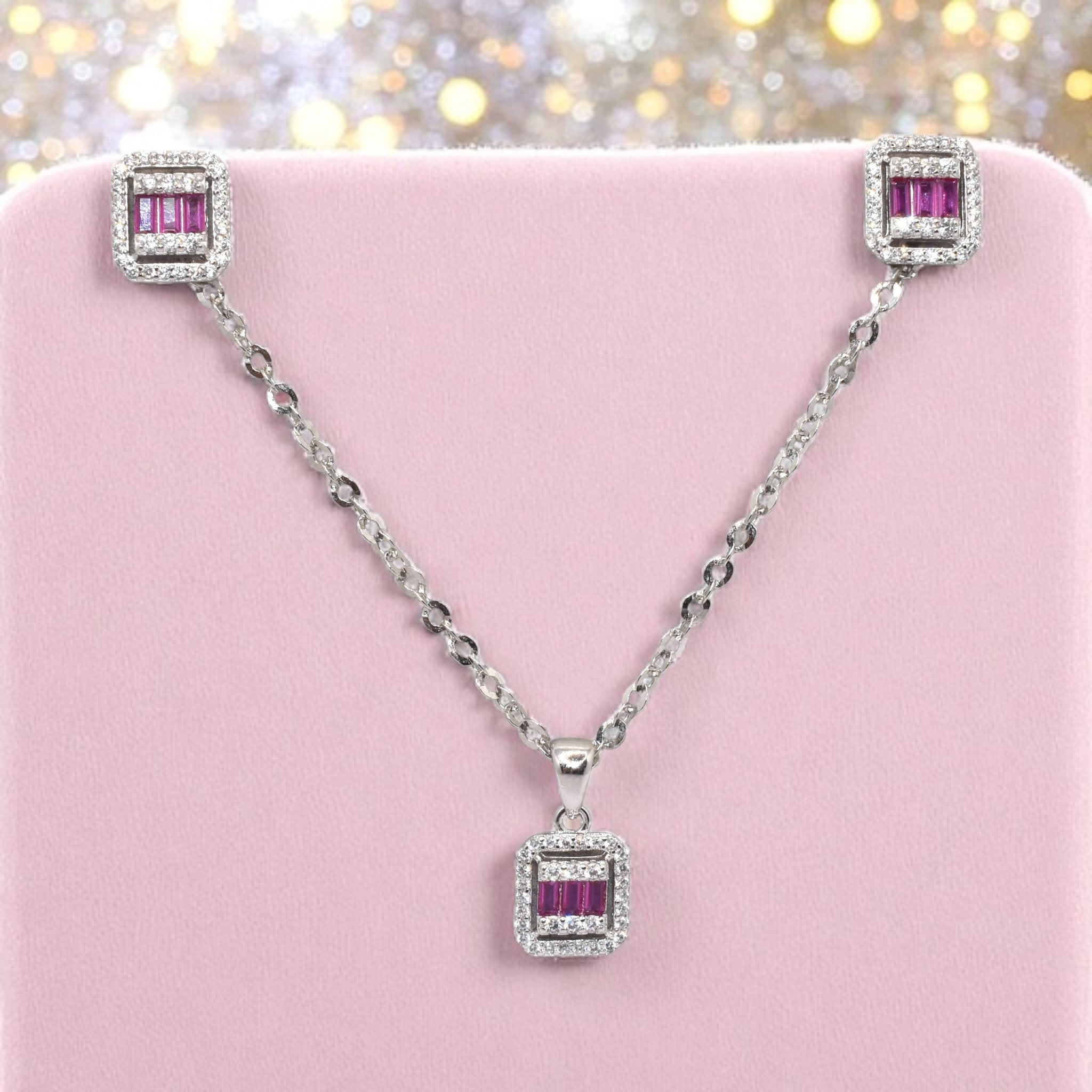 Ruby Coloured Chain Pendant Set