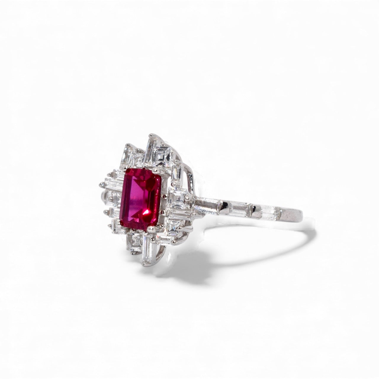 Ruby Coloured Emerald Cut Ring