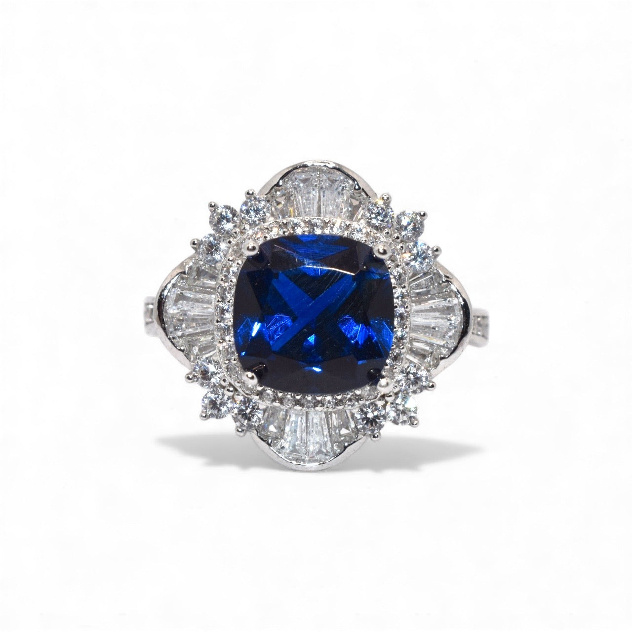 Sapphire Coloured Cushion Cut Ring