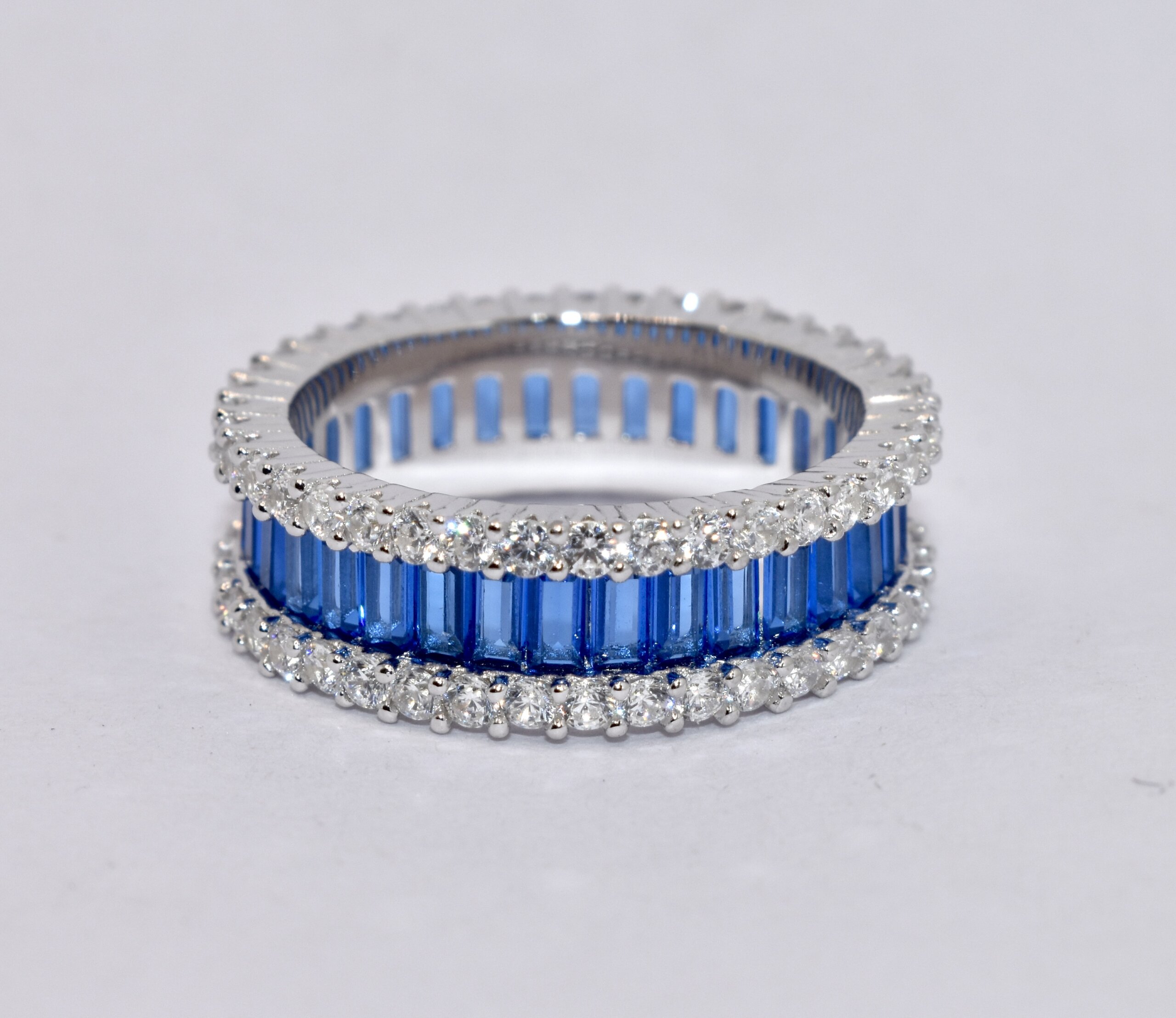 Sapphire Coloured Baguette Band Ring - Silver Attractions